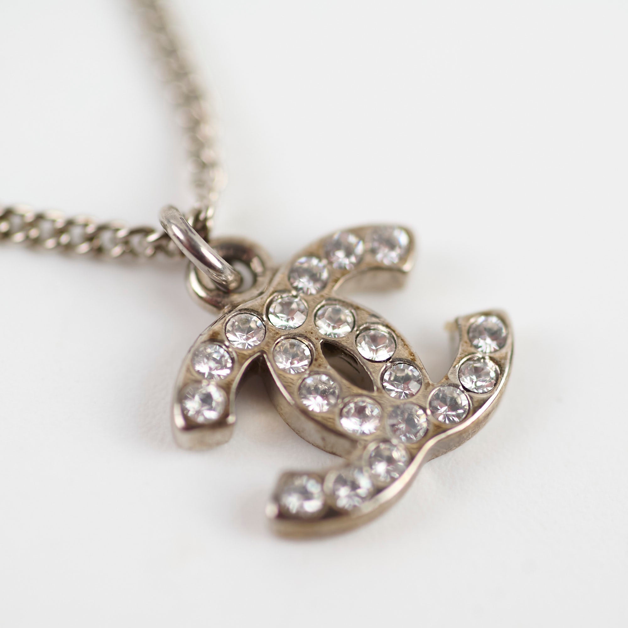 Chanel CC Logo Rhinestone Silver Necklace for Women - Elegant Costume Jewelry for Party, Wedding & Evening Wear