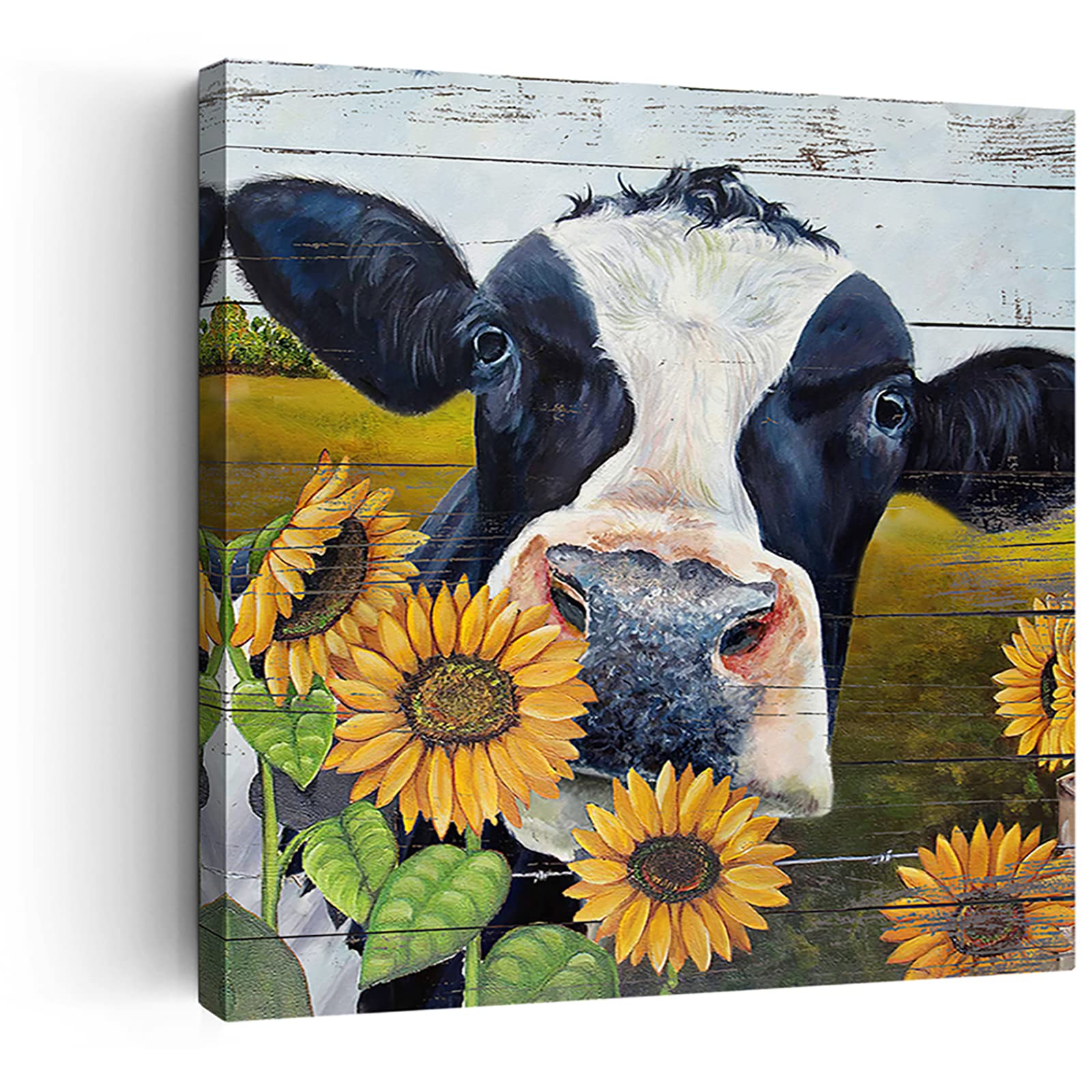 Farmhouse Cow Wall Art - Rustic Sunflower & Cow Painting Canvas Print - Country Kitchen, Bathroom & Dining Room Decor - Framed Farmhouse Wall Art 16