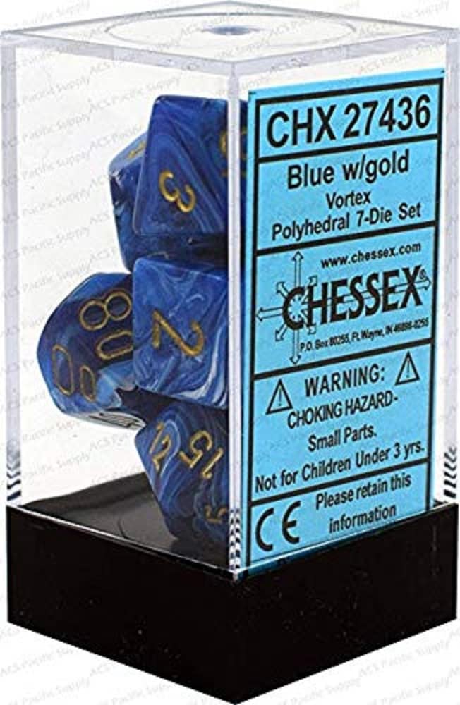 Premium DND Dice Set - Chessex D&D Polyhedral Dice in 16mm Vortex Blue & Gold - Complete 7-Piece RPG Dice Set (D4, D6, D8, D10, D12, D20, D%) - Perfect for Dungeons & Dragons, Pathfinder, and Tabletop Roleplaying Games