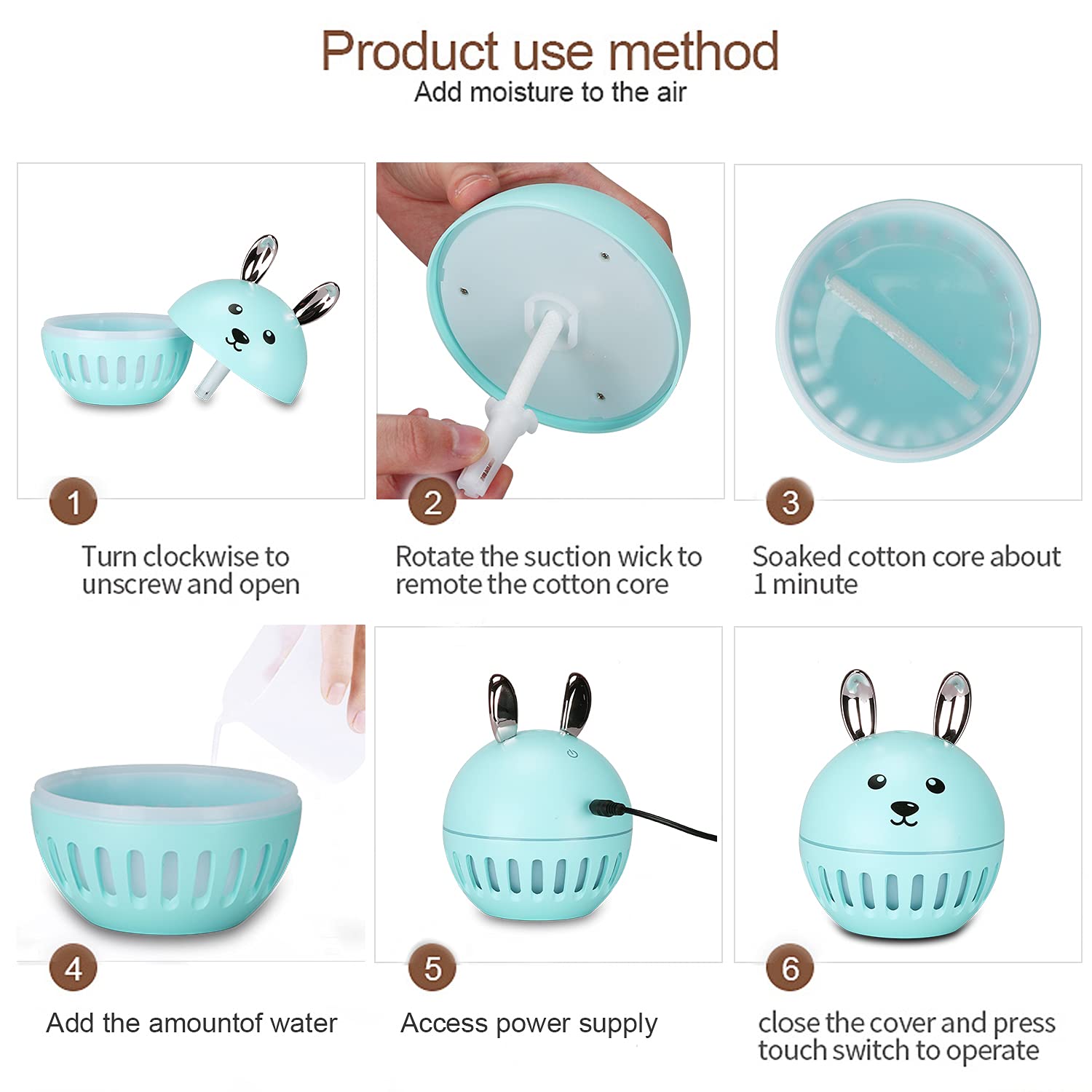 Mini Bunny Humidifier - Cute Cartoon Pet-Shaped Cool Mist Humidifier with Custom Logo, Green - Perfect for Baby Nurseries, Bedrooms & Office Desks