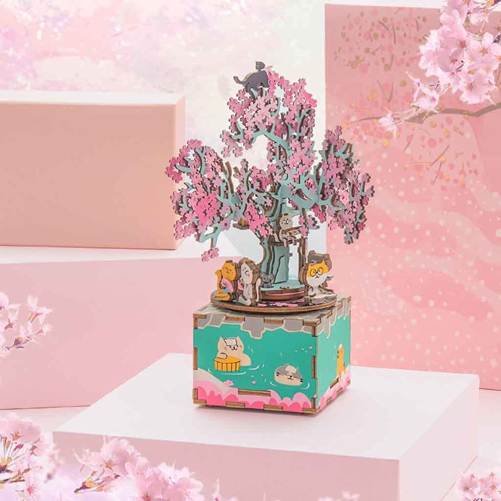 3D Wooden Music Box DIY Puzzle Kit - Rotating Cherry Blossom Tree Model Building Craft for Teens & Adults 14+ | Unique Gift for Birthday, Home Decor, Relaxation & Stress Relief