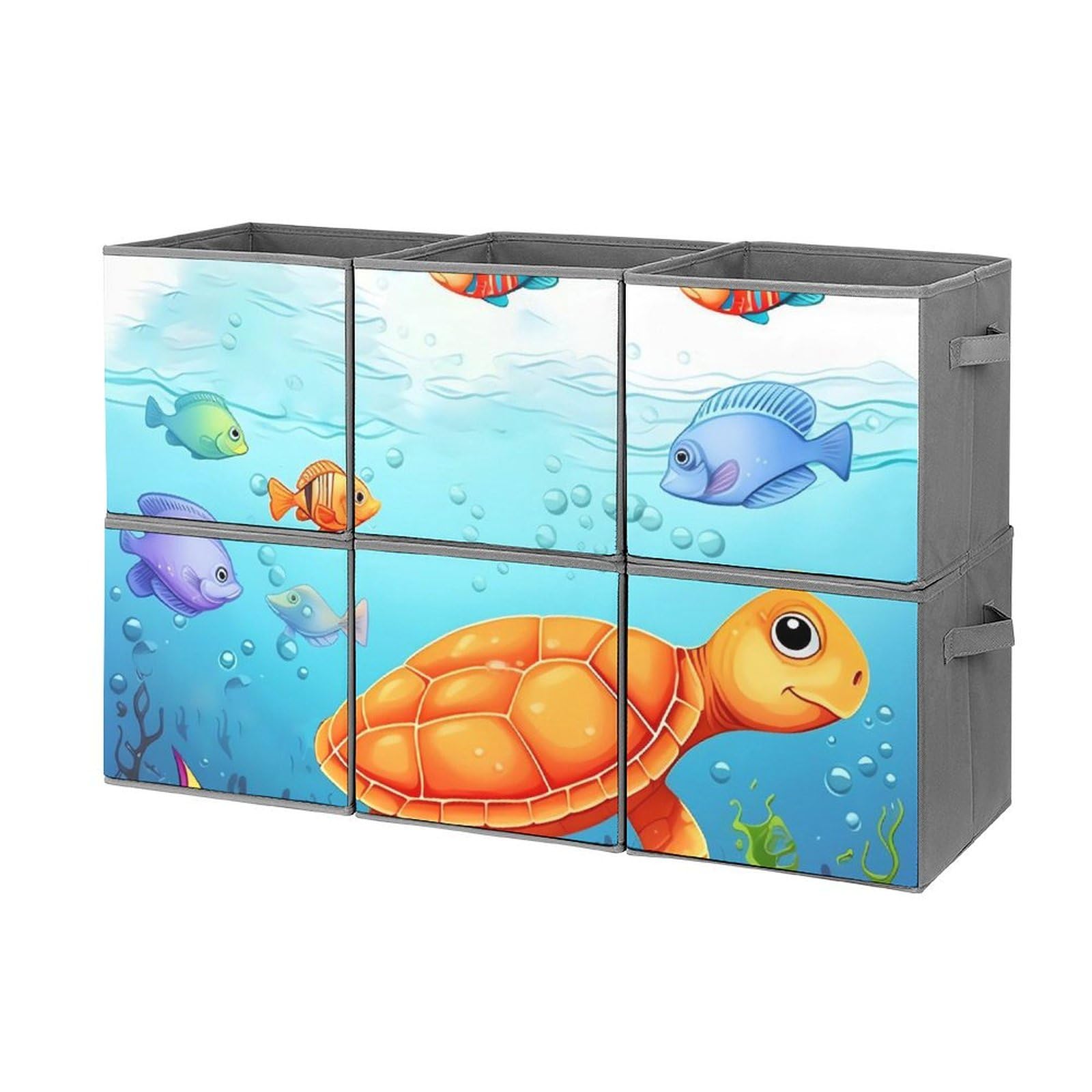 6-Pack Collapsible Storage Bins with Handles - Turtle & Fish Design Foldable Storage Baskets for Closet, Bedroom, Kids Room Organization - Large Fabric Storage Cubes for Clothes, Toys & Home Organization