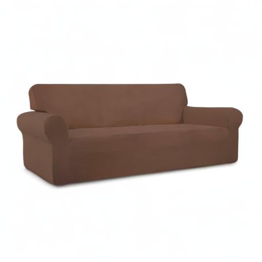 PureFit Stretch Sofa Slipcover - Spandex Jacquard Non-Slip Sofa Cover with Elastic Bottom, Washable Furniture Protector with Non-Skid Foam for Living Room, Family Room, Kids Play Area (Brown, Sofa Size)