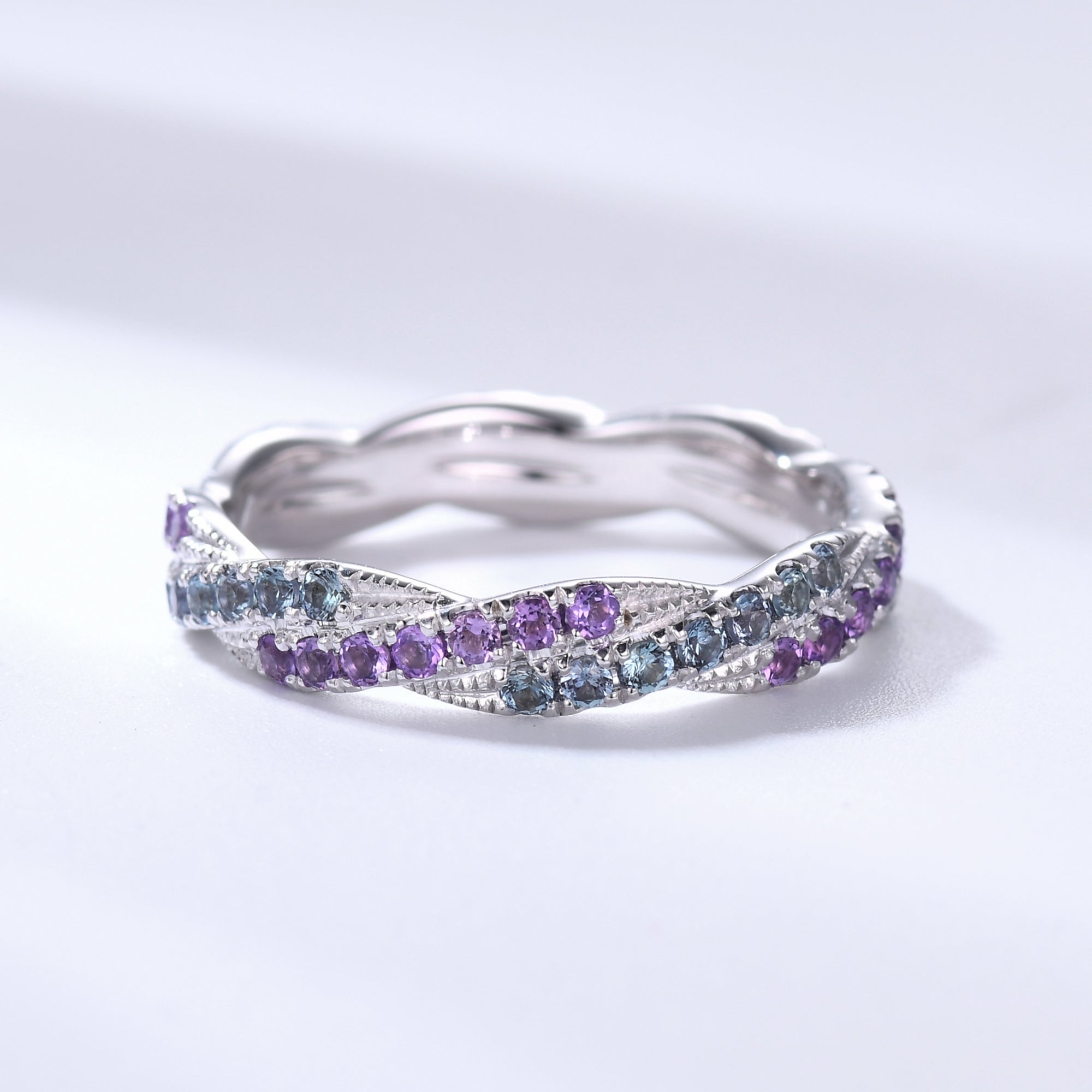 Twisted Alexandrite Amethyst White Gold Wedding Band - Infinity Full Eternity Ring for Women - Perfect for Engagement, Anniversary & Special Occasions