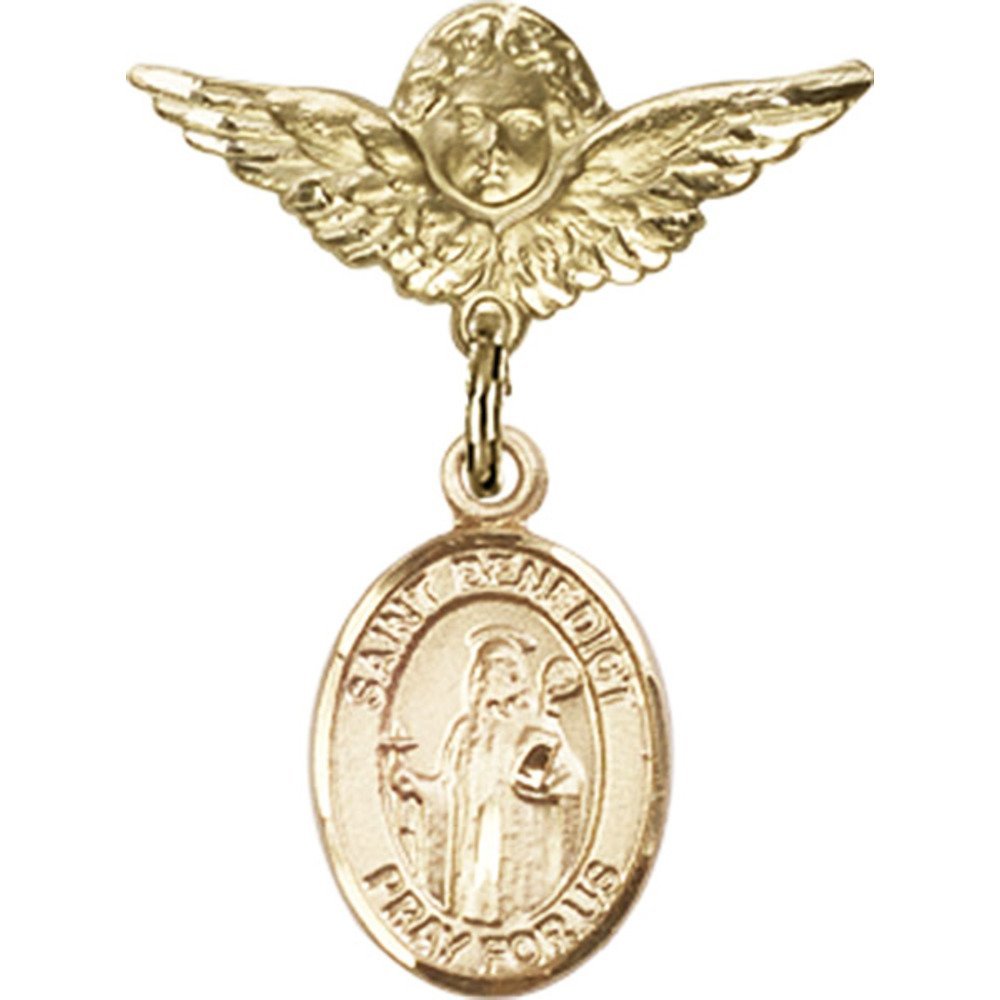 St. Benedict Gold Filled Baby Badge Pin with Angel Wings Charm - 1 X 3/4 Inch Religious Jewelry for Christening, Baptism & First Communion Gifts