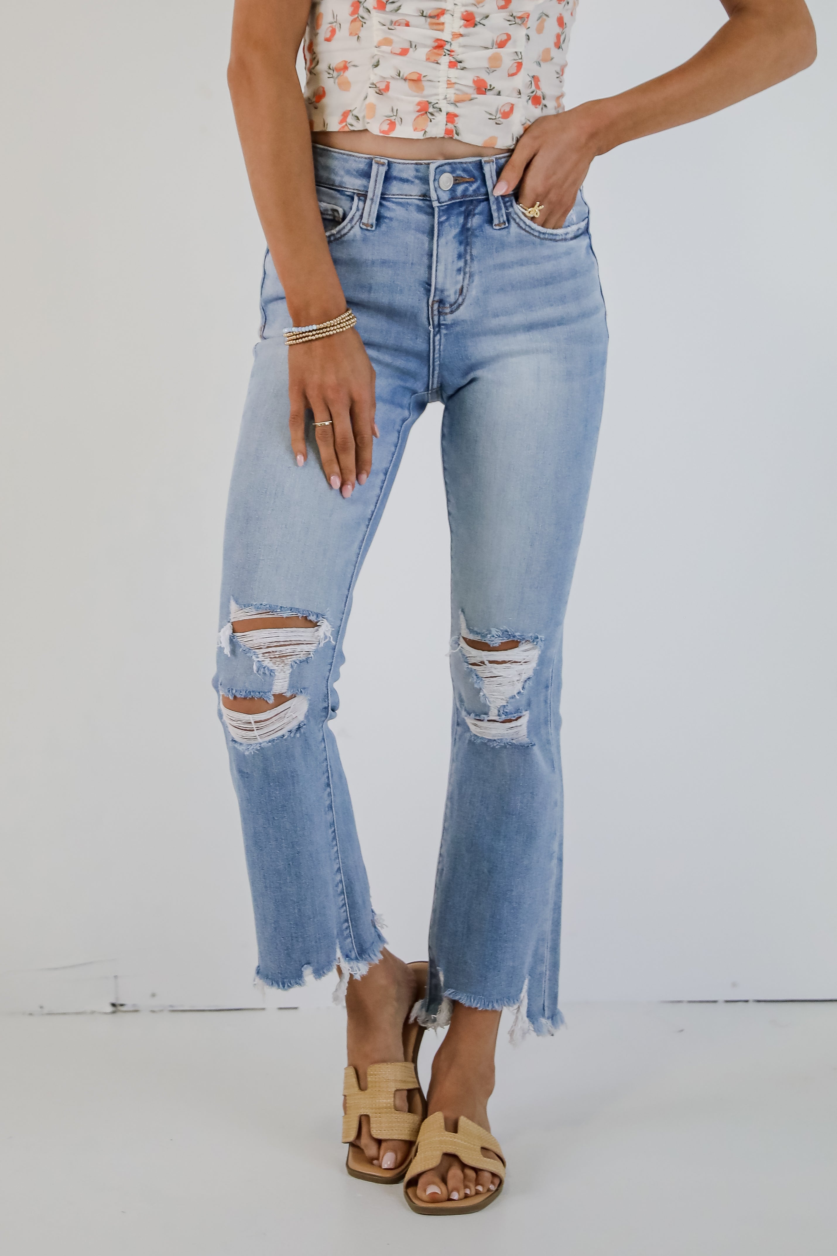 Cindy Light Wash Distressed Crop Flare Jeans for Women - Vintage High Waisted Stretch Denim Pants - Perfect for Casual Outfits, Streetwear & Retro Fashion