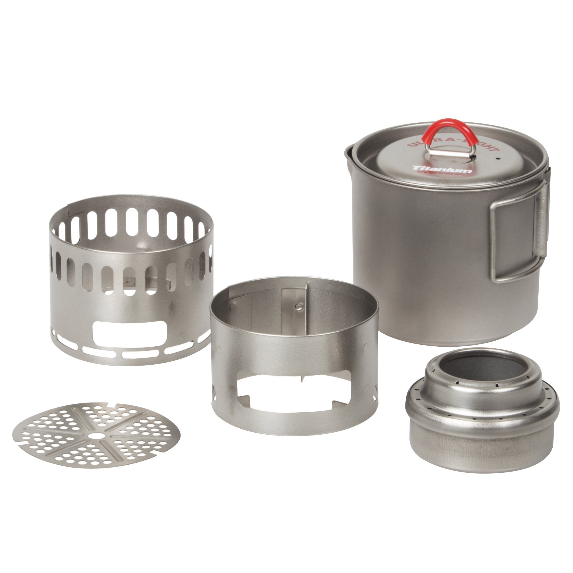 Evernew Titanium Mug Pot 500ml with Stove Set - Lightweight Camping Cookware for Backpacking, Hiking & Outdoor Adventures (Red ECA268R)