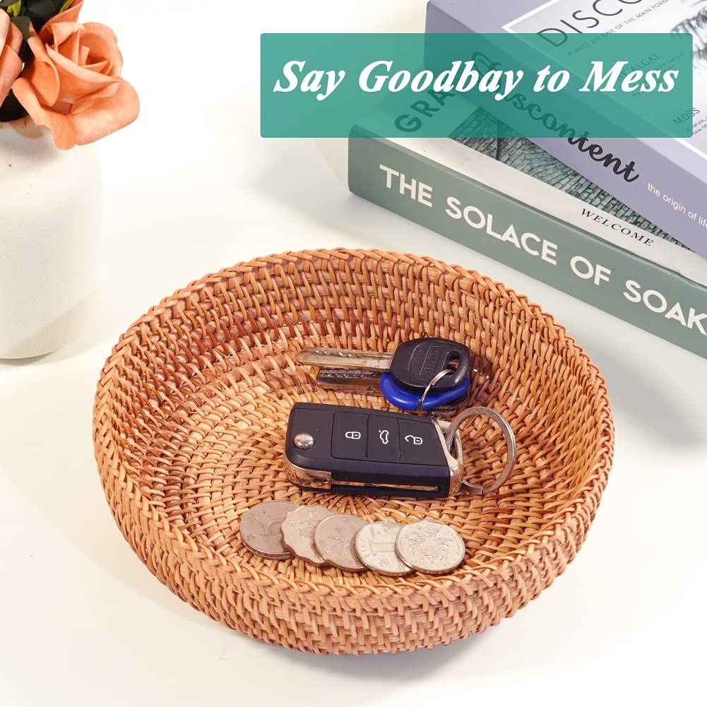 Woven Wicker Key Bowl - Small Round Entryway Storage Basket for Keys, Remote, Wallet & Phone | Decorative Catch-All Tray for Small Items, Candy & Crackers | Perfect for Hallway Tables, Nightstands & Home Organization