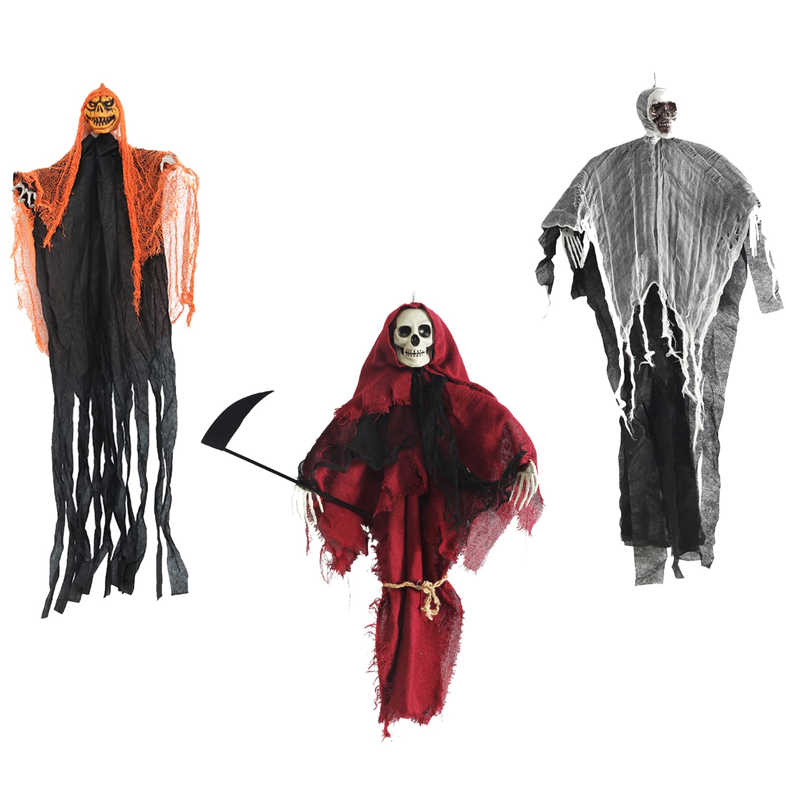 BFYDOAA 3 Pack Posable Halloween Skeleton Ghost Decorations - Scary Hanging Grim Reaper Props for Haunted House, Yard, Indoor & Outdoor Party Decor - Perfect for Halloween Parties, Spooky Home Decor, and Themed Events