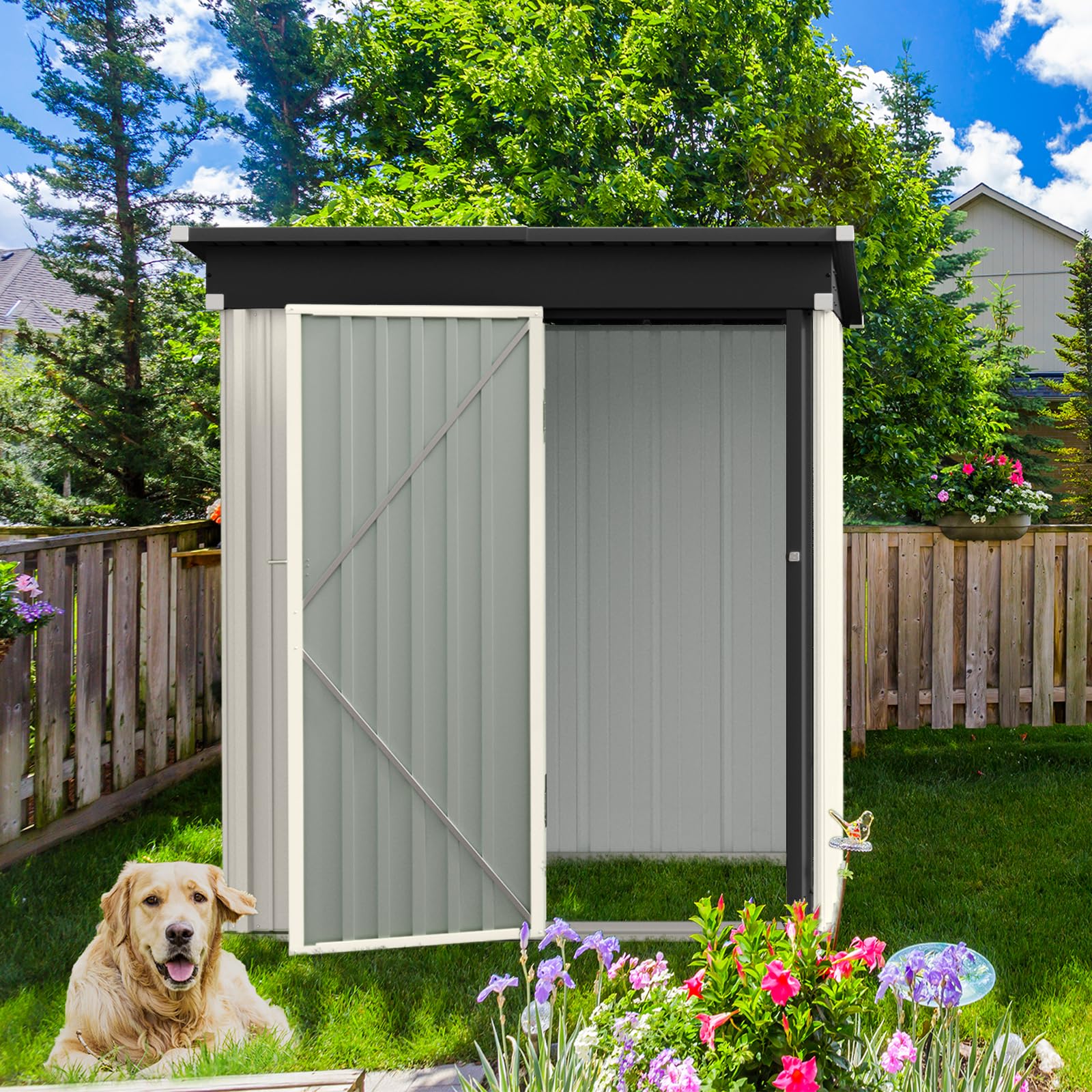 Amopatio Heavy Duty Galvanized Metal Outdoor Storage Shed - 5' x 3' White Garden Shed for Backyard, Tool & Equipment Storage - Perfect for Patio, Lawn & Yard Organization