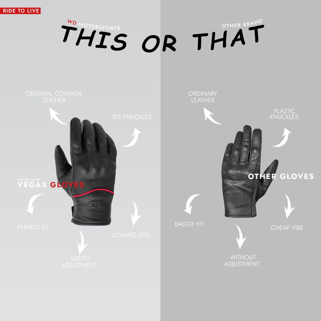 WD Motorsports Vegas Leather Motorcycle Gloves for Men & Women - Touchscreen Compatible, Knuckle Protection, Lightweight & Breathable Biker Gloves for BMX, ATV, MTB & Road Racing - Perfect for Commuting, Touring and Off-Road Adventures