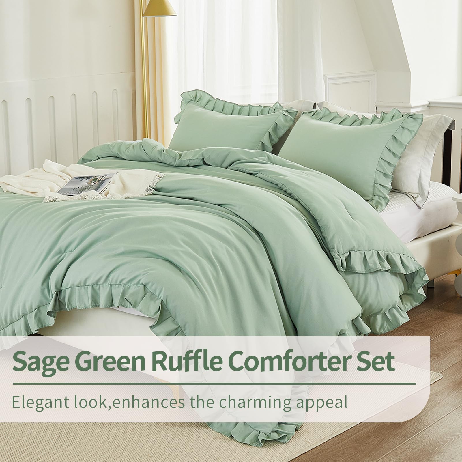 Andency Sage Green Comforter Set Full 3-Piece - Lightweight Soft Ruffle Bedding, Farmhouse Rustic Fluffy Microfiber Down Alternative Comforter (79x90 Inches) - Perfect for Guest Rooms, Master Bedrooms & Cozy Farmhouse Decor