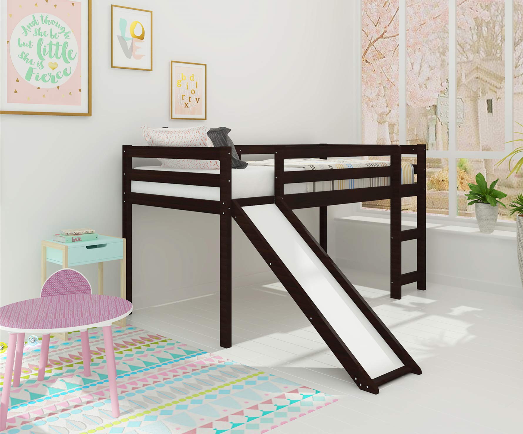 Harper & Bright Designs Twin Loft Bed with Slide - Wooden Low Profile Kids Loft Bed with Built-in Ladder & Safety Guard Rail - No Box Spring Required - Espresso Finish - Perfect for Small Bedrooms, Playrooms & Kids' Sleepovers