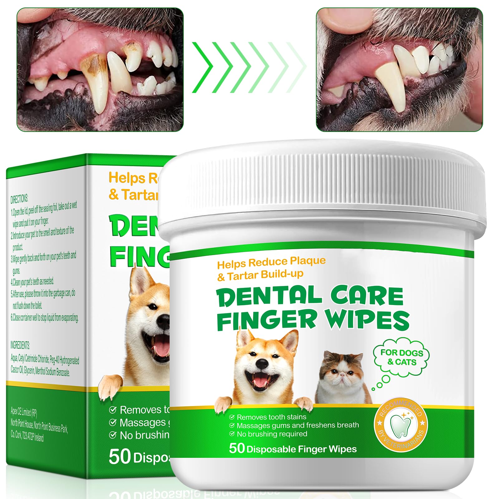 Pet Dental Wipes for Dogs & Cats - 50pcs Finger Toothbrush Wipes for Plaque & Tartar Removal, Dog Teeth Cleaning Kit with Breath Freshener - Perfect for Daily Oral Care at Home or Travel