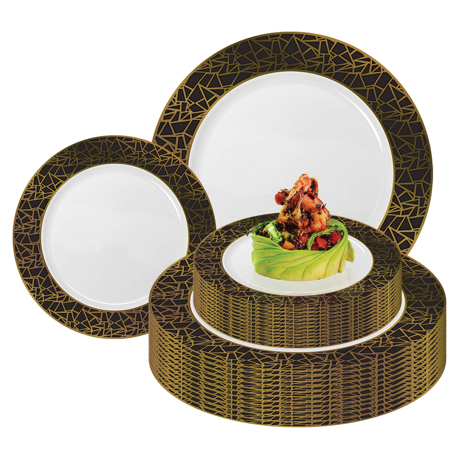 Elegant Disposable Plastic Plates 240 Count - Heavy Duty Dinner Plates & Dessert Plates Set - White with Black Gold Mosaic Rim - Bulk Party Supplies for Wedding, Birthday, BBQ, Picnic, Catering & Special Events