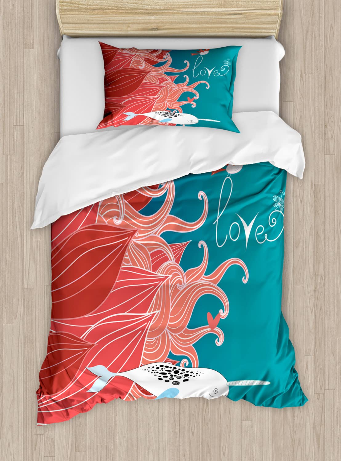 Ambesonne Narwhal Duvet Cover Set - King Size 2-Pack, Teal Coral White - Arctic Whale & Floral Sketch Design - Includes 2 Duvet Covers & 4 Pillowcases - Perfect for Master Bedroom, Guest Room & Coastal Themed Decor