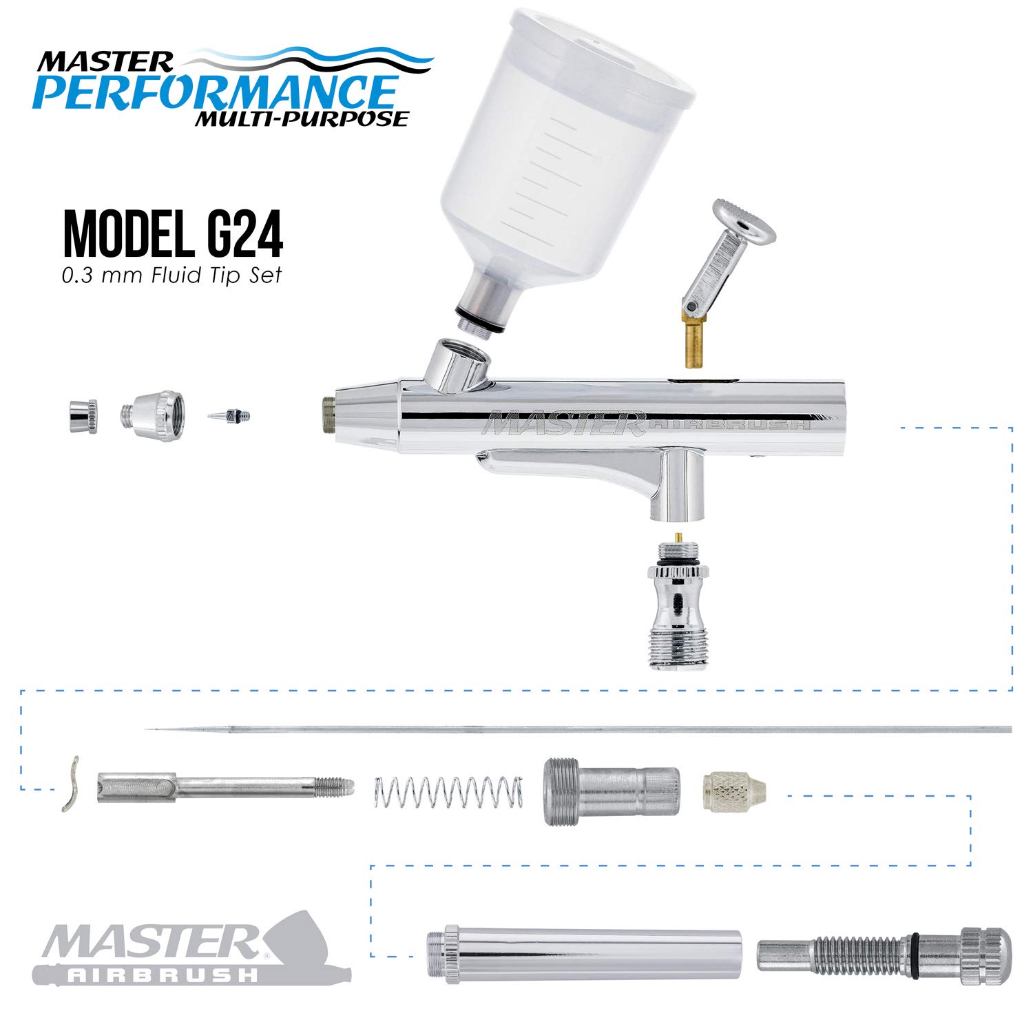 Master Performance G24 Dual-Action Airbrush Kit - 0.3mm Precision Tip with 3/4oz & 1.5oz Gravity Cups - Professional Spray Tool for Tanning, Art, Crafts, Tattoos & Cake Decorating - Ideal for Hobbyists & DIY Projects