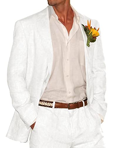 HUUTOE Men's 2-Piece Linen Suit - Slim Fit Wedding Blazer & Pants Set for Grooms & Groomsmen | Breathable Summer Suit for Big & Tall | Perfect for Beach Weddings, Garden Parties & Casual Events