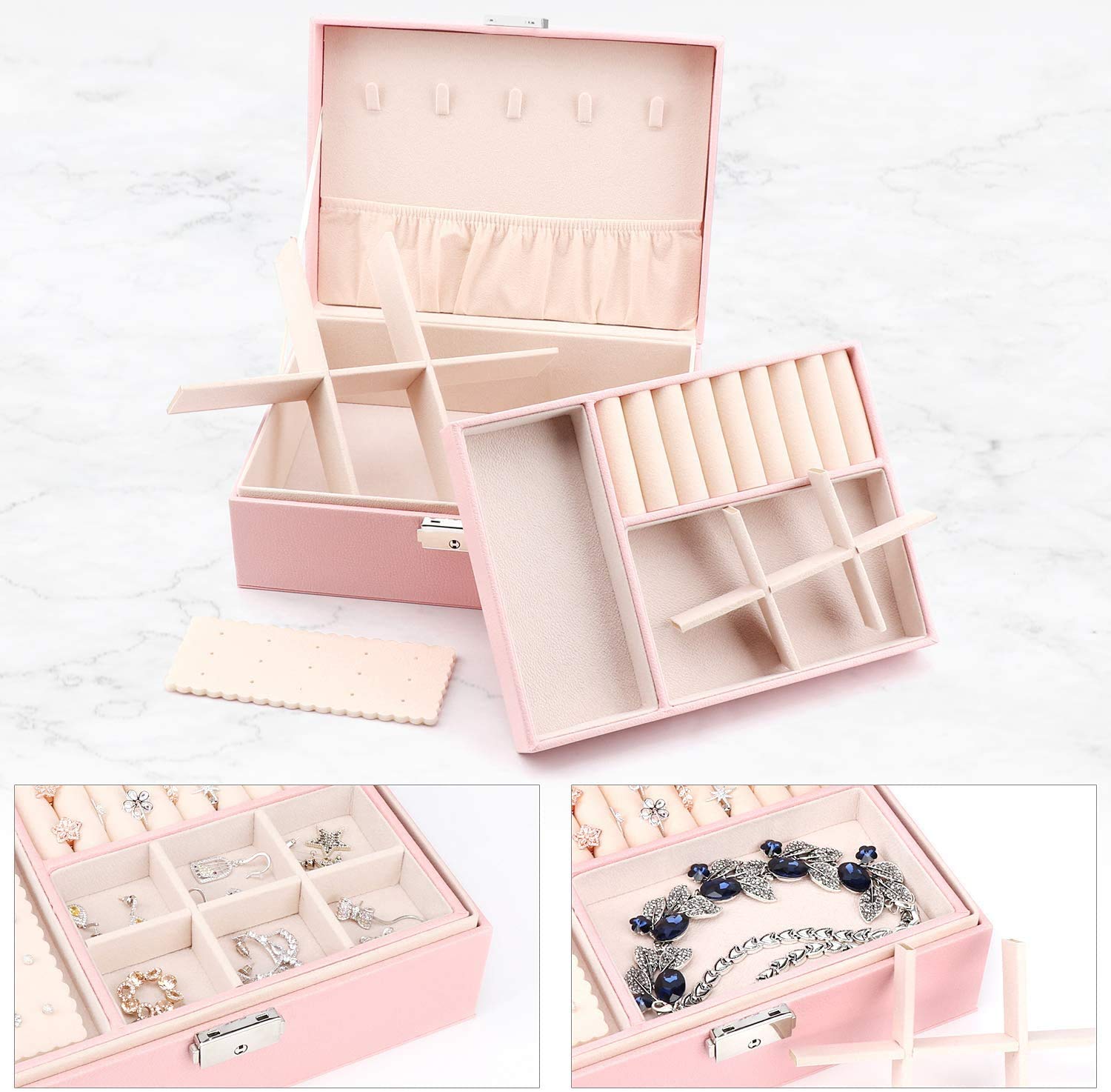 Best Jewelry Box Organizer for Women - 2-Layer Lockable Jewelry Storage Case with Soft Velvet Lining, Ring Earrings Holder & Necklace Bracelet Display - Perfect Gift for Women & Girls (Pink) - Ideal for Bedroom Vanity, Travel & Jewelry Organization