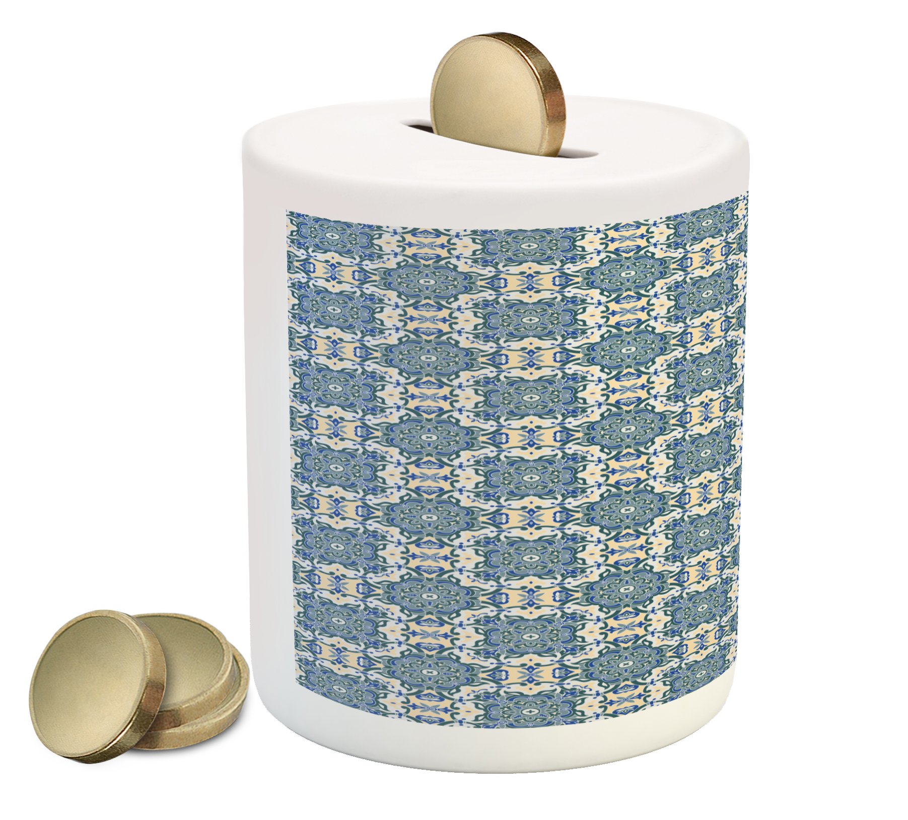 Ambesonne Vintage Ceramic Piggy Bank - Mandala Floral Design Money Box for Cash Saving, 3.6