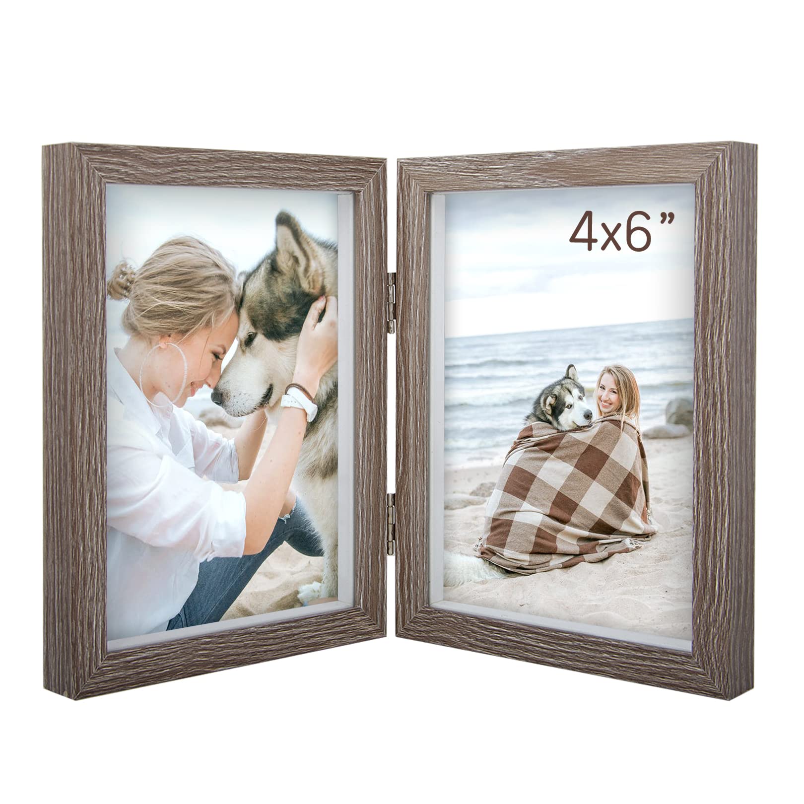 AEVETE 4x6 Double Hinged Wood Picture Frames - Vertical Display with Real Glass Front - Perfect for Tabletop Photo Displays, Home Decor & Wedding Memories