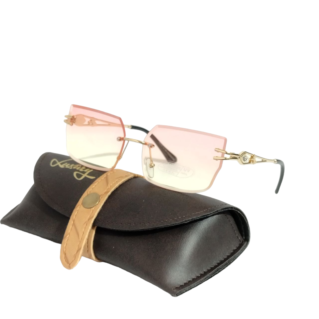 Stylish Pink & Yellow Rimless Sunglasses for Women - Trendy UV Protection Shades for Beach, Driving & Outdoor Fashion