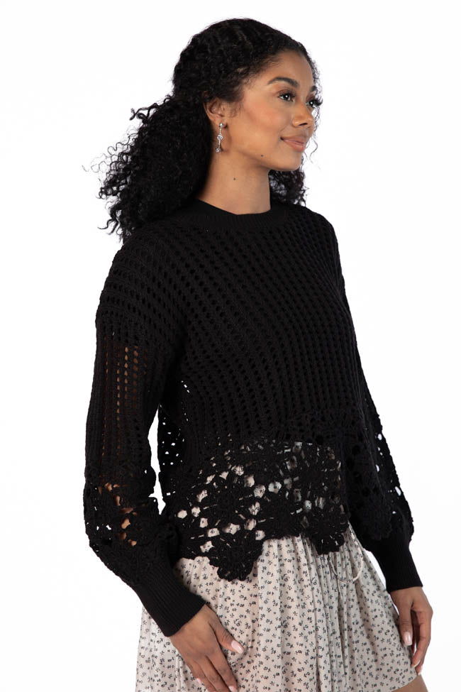 Stylish Black Floral Crochet Sweater for Women - Boho Chic Lace Trim Knit Top for Casual Outings & Date Nights