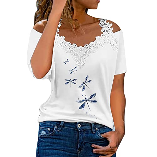 Women's Short Sleeve Lace Cold Shoulder V-Neck T-Shirt - Summer Casual Pullover Blouse (Blue, Small) | Perfect for Beach Outings, Date Nights & Summer Vacations