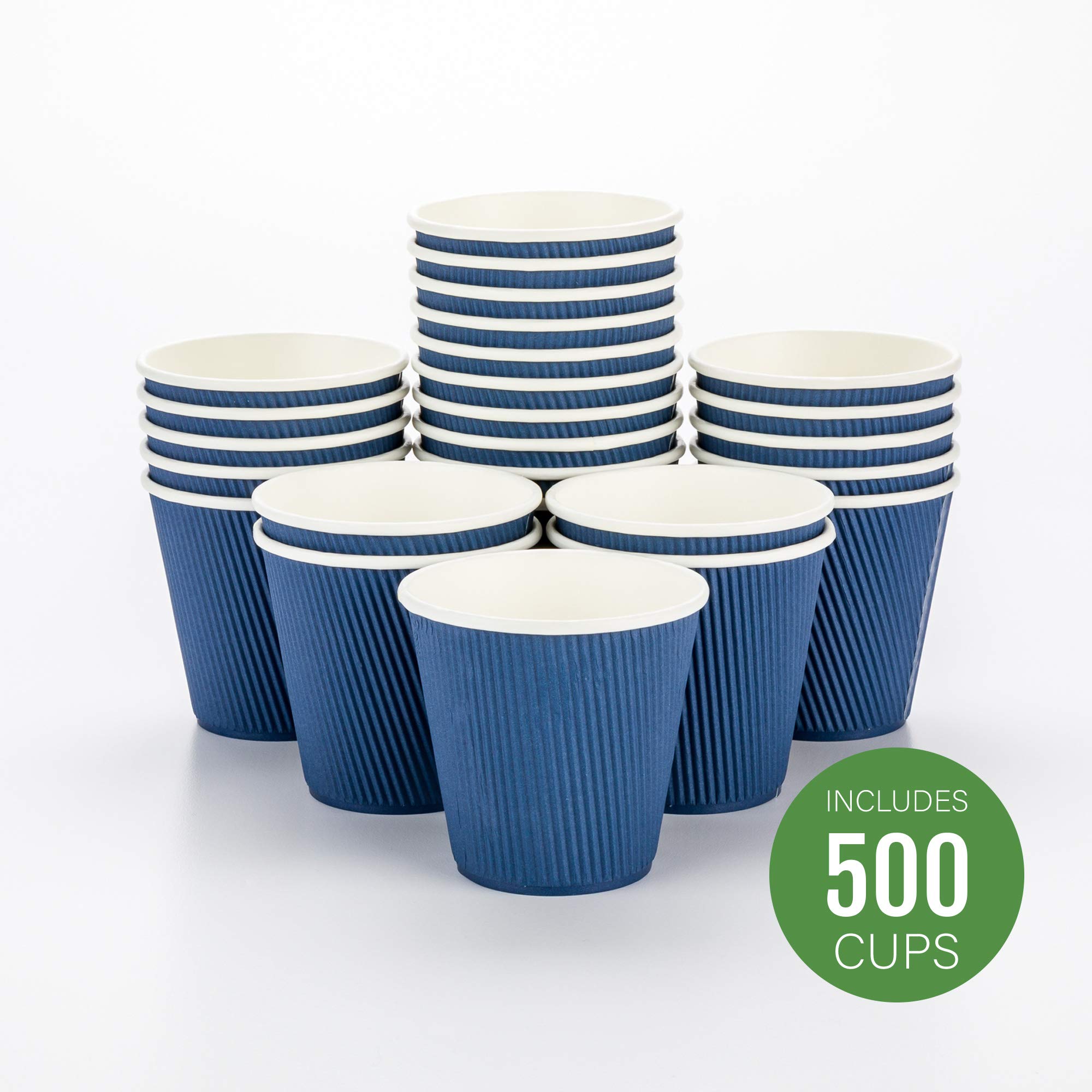 8oz Disposable Coffee Cups - 500 Pack Double Wall Hot Cups for Coffee, Tea, Hot Chocolate | Rippled Wall Design, Dark Blue Paper Cups | Lids Sold Separately | Perfect for Restaurants, Cafes, Offices & Home Use
