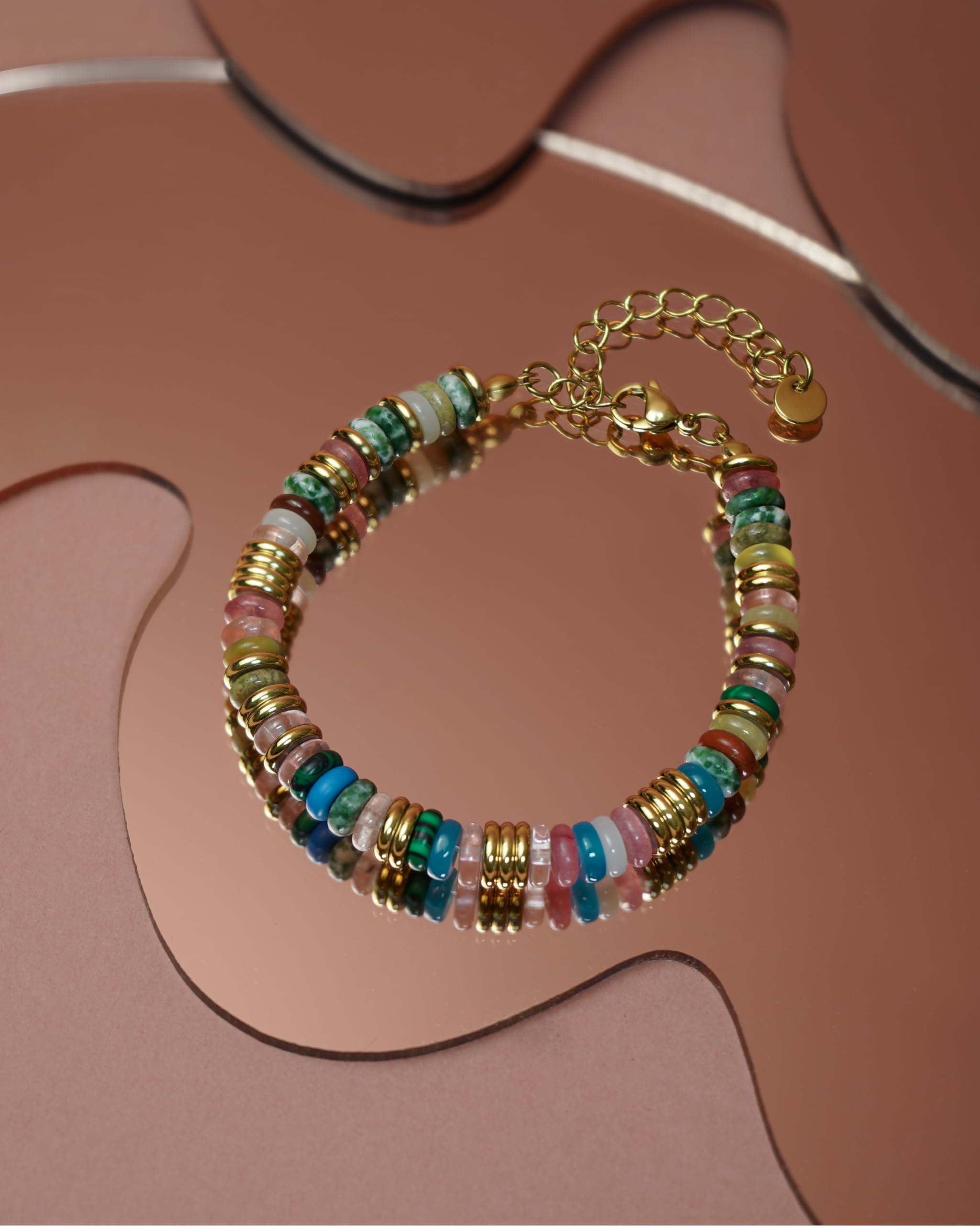 Vibrant Gold Rainbow Bracelets for Women - Stackable Beaded Stone Bangles Set, Trendy Fashion Jewelry Gift for Her | Perfect for Layering, Everyday Wear & Special Occasions