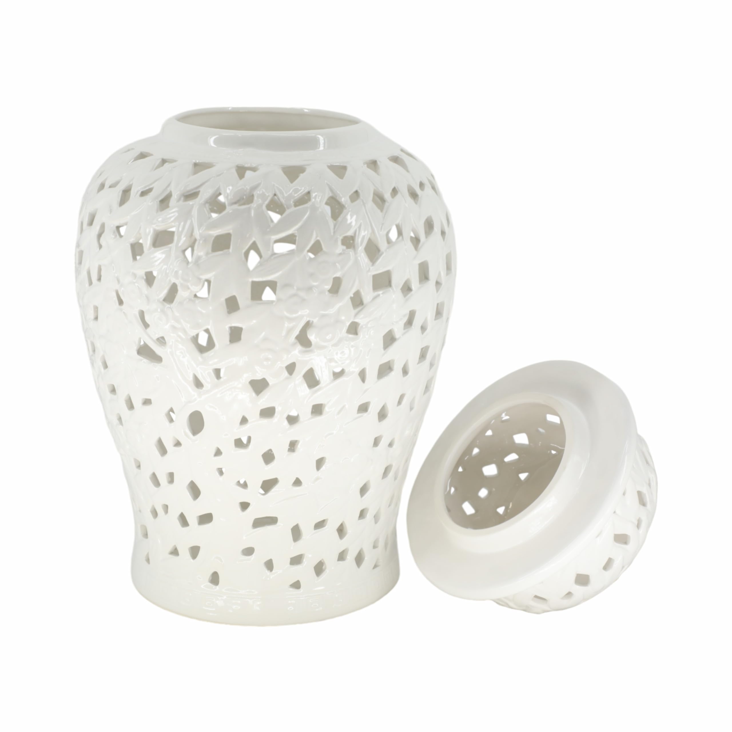 Sagebrook Home Ceramic Cutout Jar - Elegant Decorative Vase for Living Room, Bedroom, Bathroom | Handcrafted Ceramic Storage Container for Flowers, Cotton Balls & Home Decor