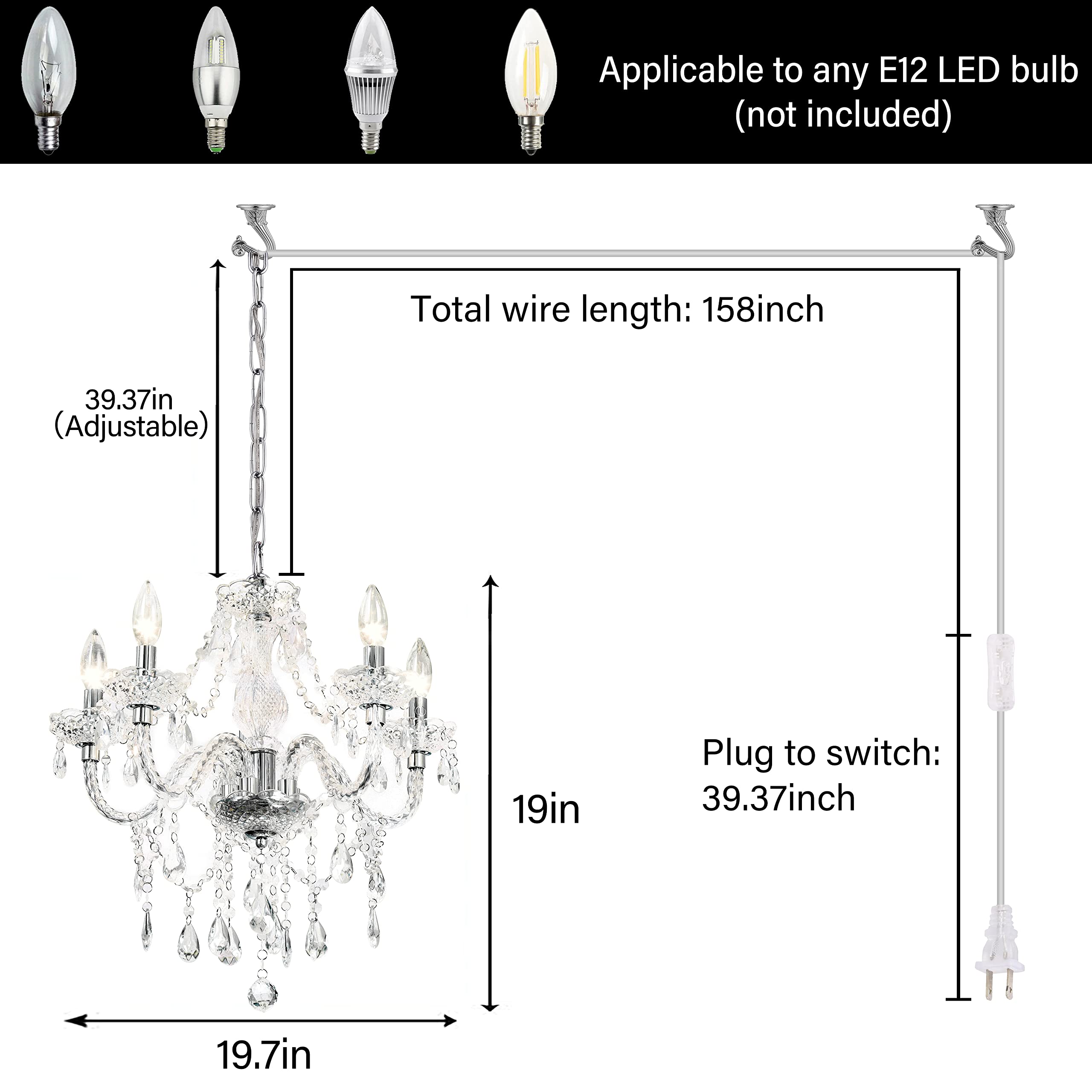 5-Light Crystal Hanging Pendant Chandelier with Clear Cord & On/Off Switch - 19