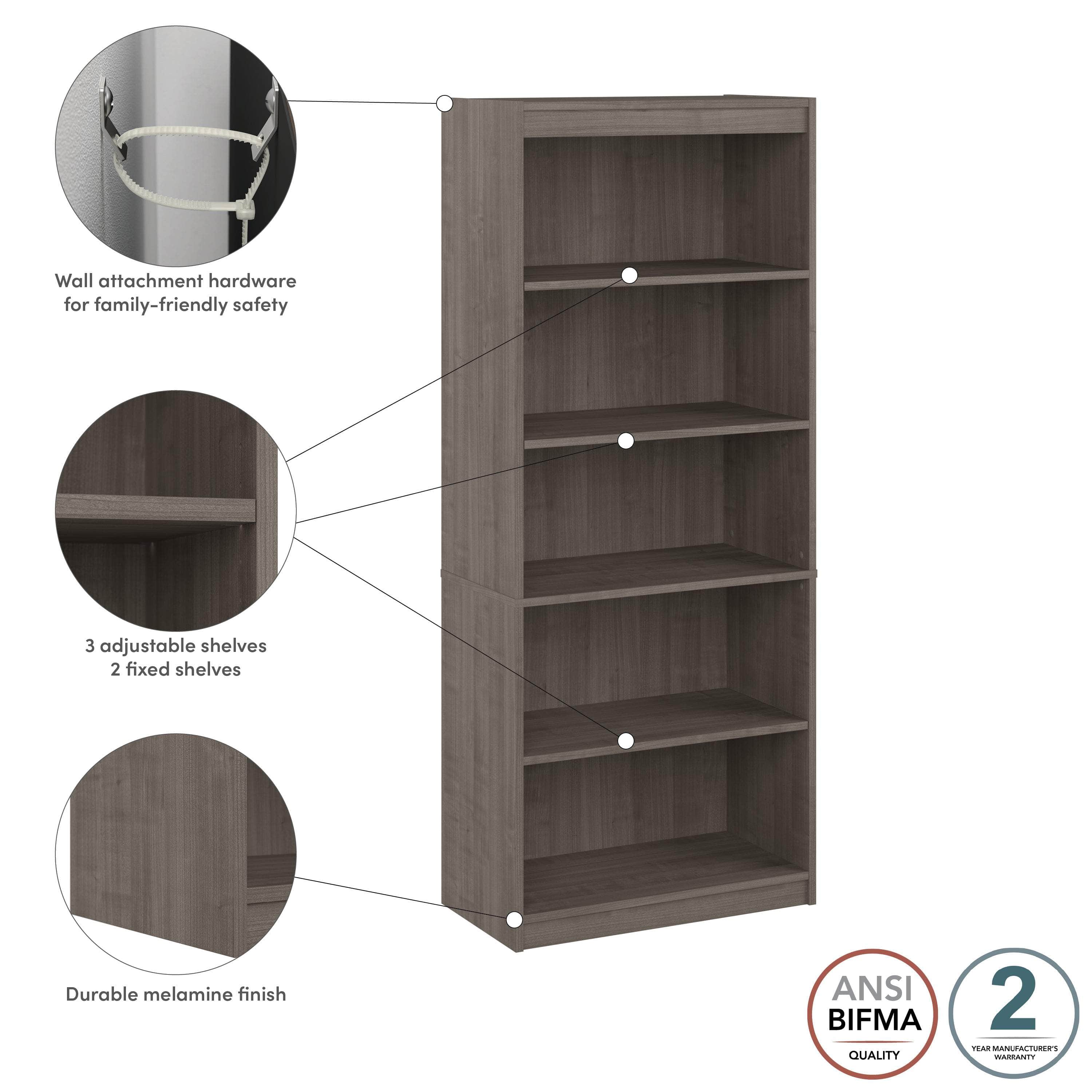 Ridgeley 30W 5-Tier Bookshelf - White, Black & Walnut Finish | Space-Saving Bookcase for Living Room, Office & Bedroom Storage