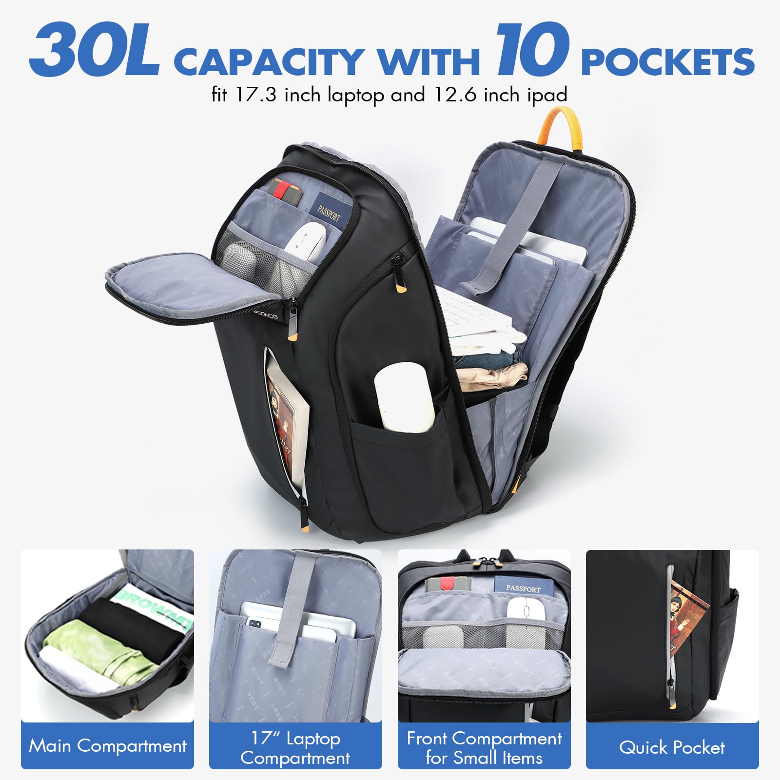 30L Business Backpack for Men - Airplane Approved USB Charging Travel Backpack with Water-Resistant 900D Nylon, Fits 17.3 Inch Laptop - Ergonomic Computer Bag for Office, Commuting & Business Travel (Black)