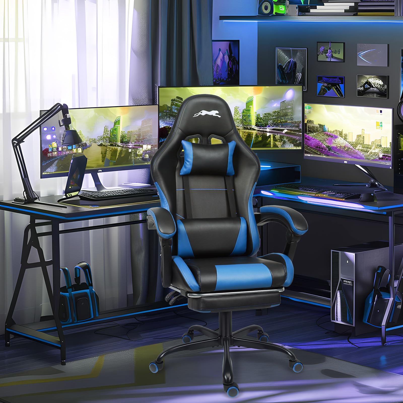 Premium Leopard Print Gaming Chair with Adjustable Footrest & Lumbar Support - Ergonomic Computer Game Chair for PC, Console Gaming, Office & Home - Height Adjustable Racing Style Chair (Black/Blue) - Perfect for Esports, Streaming & Long Work Sessions