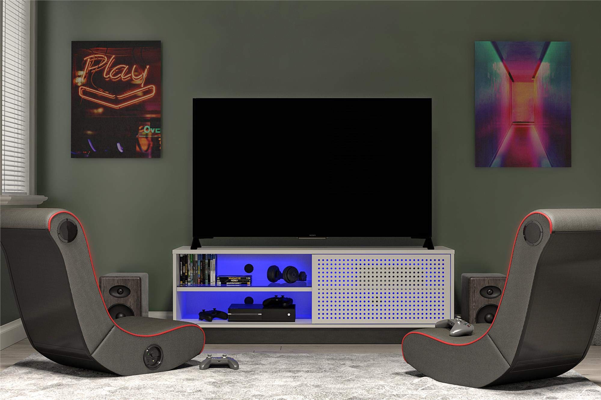 NTENSE Glitch Gaming TV Stand for 60 Inch TVs - Modern Entertainment Center with LED RGB Lights & Wire Management - Perfect for Man Cave, Game Room & Play Room - Durable Metal TV Stand in White