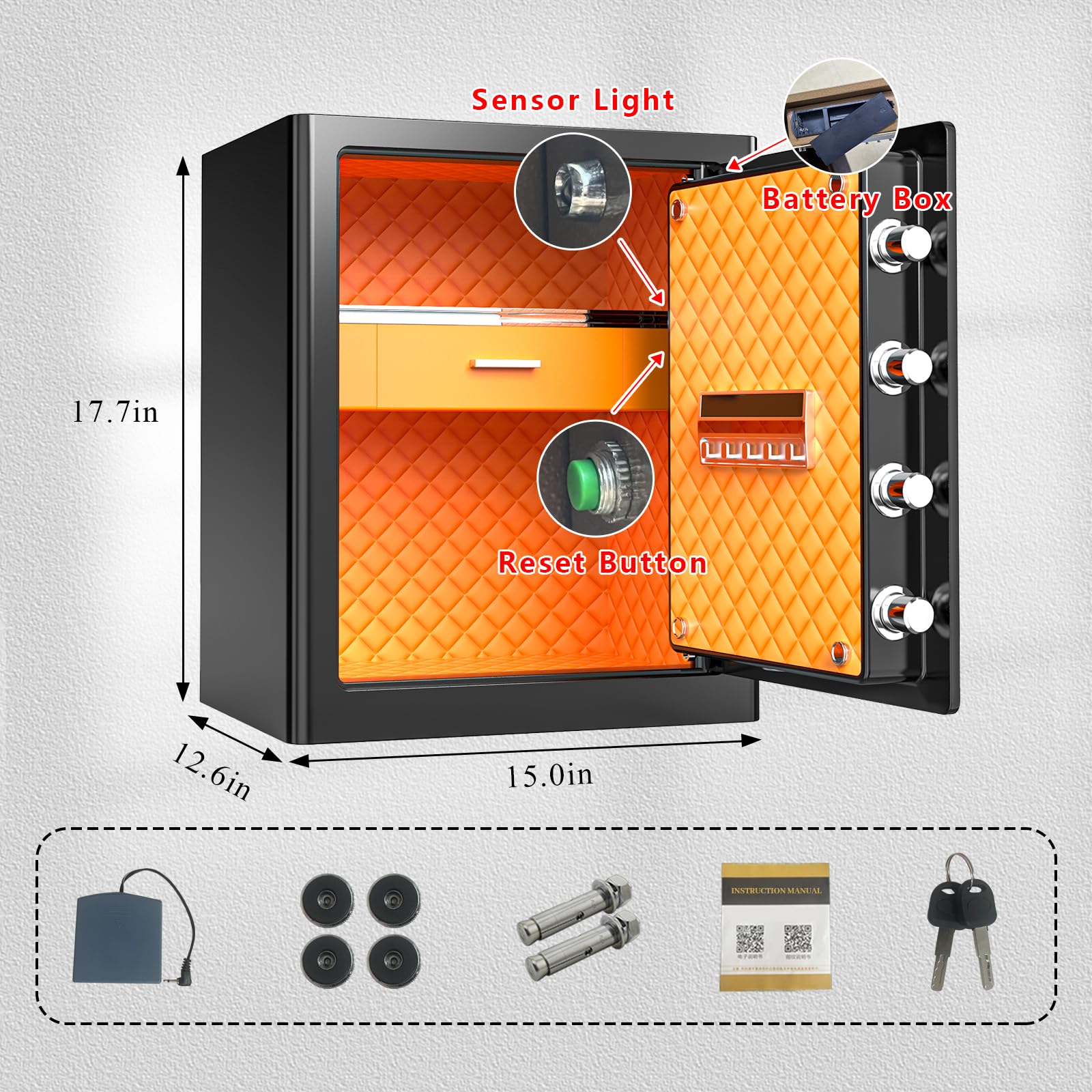 FABAO 2.0 Cubic Feet Fireproof Waterproof Home Safe Box with Digital Keypad & LED Light - Secure Money, Jewelry, Documents Storage for Hotel, Dorm, Office & Home Use - Includes Built-In Drawer & Emergency Keys