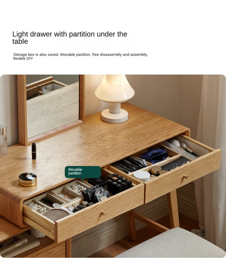 Solid Oak Wood Extendable Vanity Dressing Table with Mirror - Perfect for Bedroom Makeup & Jewelry Storage