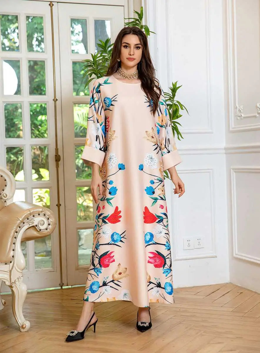 Elegant Eid Dress for Women - Arab Printed Kaftan Caftan Abaya Dress with Long Sleeves - Perfect for Eid Celebrations, Weddings & Special Occasions