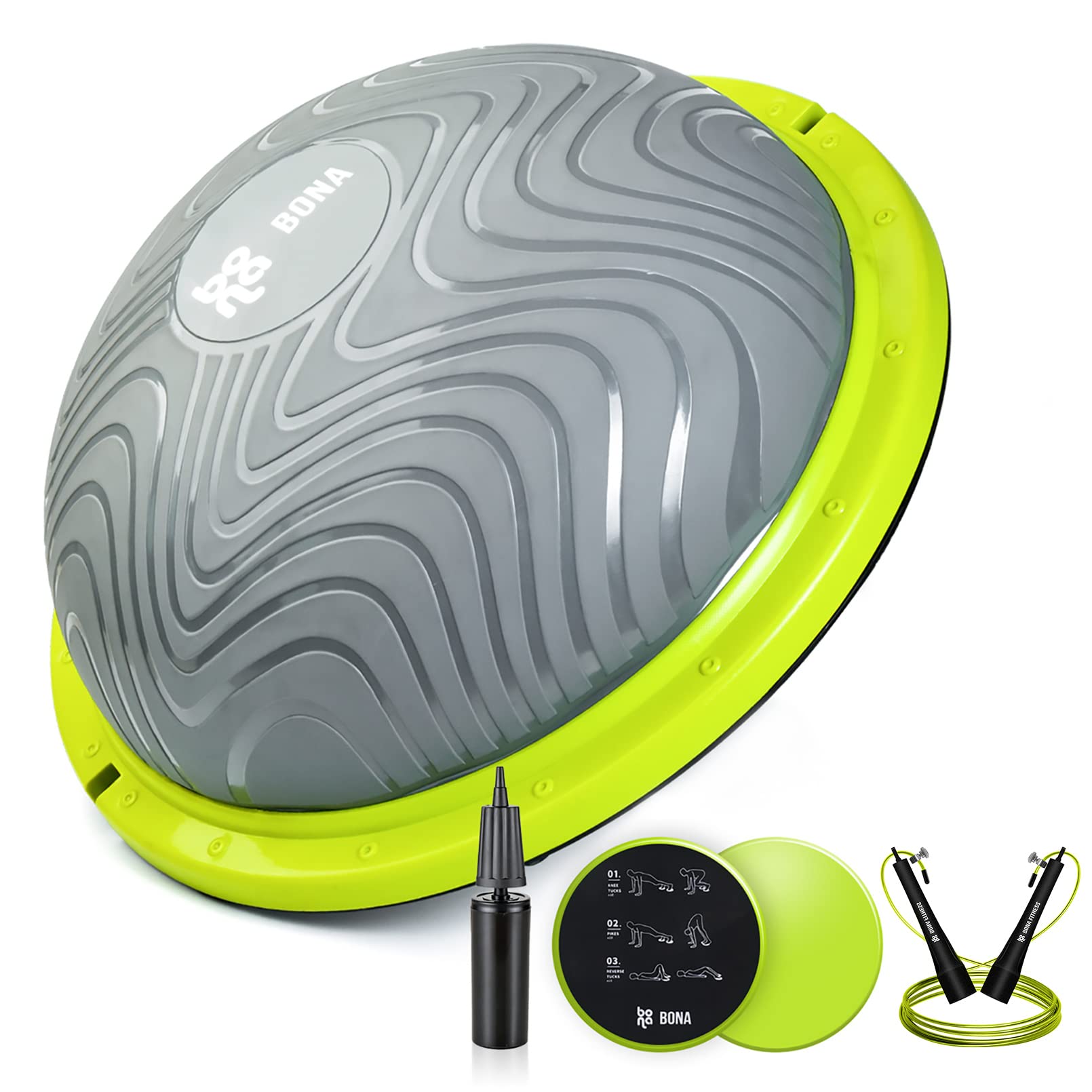 BONA Balance Ball Trainer - Half Ball Stability Trainer for Core Strength, Yoga & Fitness - Includes Resistance Bands, Pump & Exercise Sliders - Perfect for Home Workouts, Physical Therapy & Gym Training