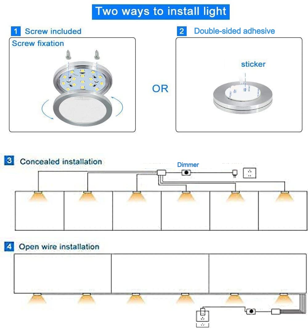 Cefrank 6-Pack Dimmable LED Puck Lights - 18W 1500 Lumens Under Cabinet Lighting Kit with Rotary Dimmer Switch - White 6000K for Kitchen, Closet, Bookcase, Shelf - Perfect for Task Lighting & Home Decor