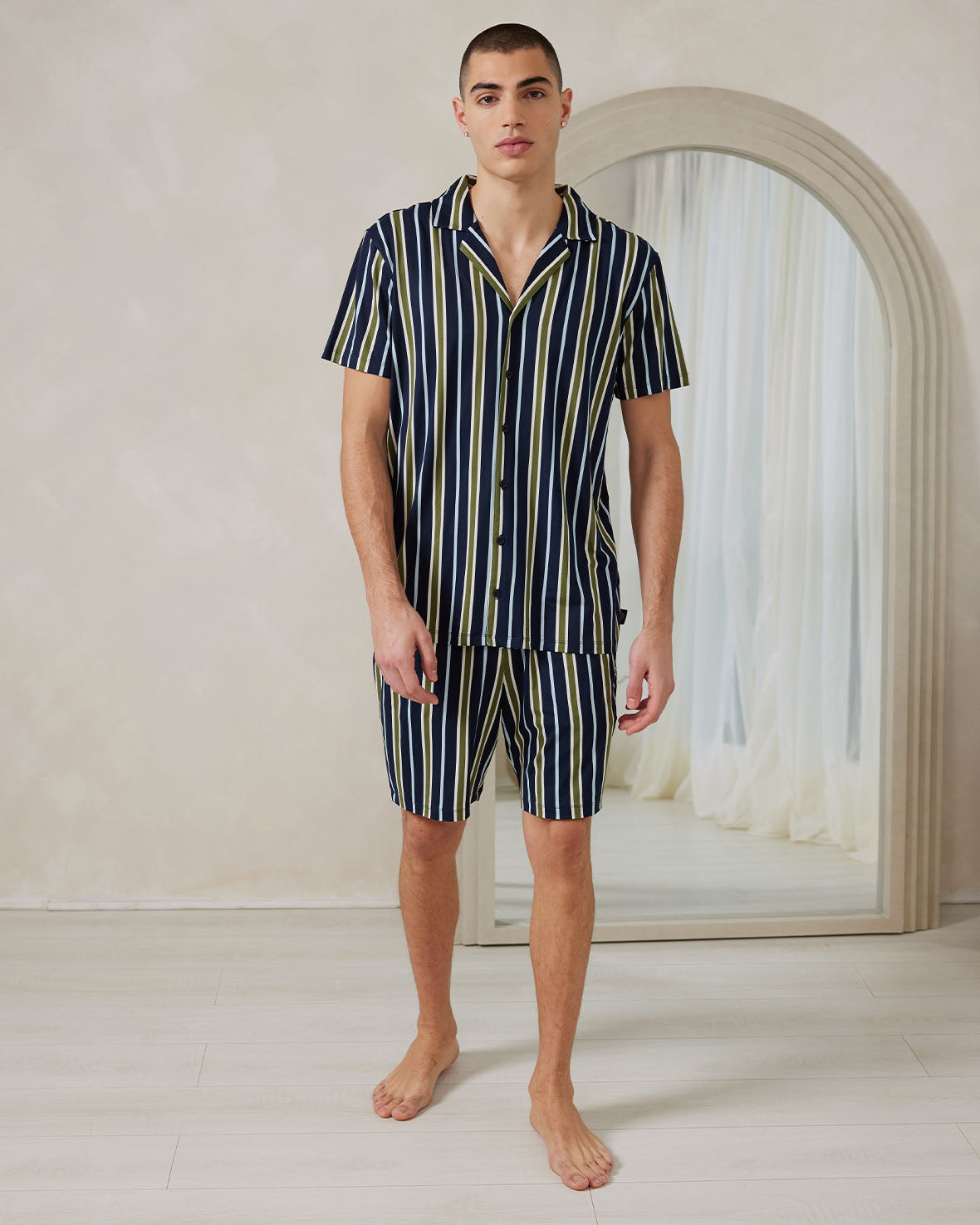 Multi-Stripe Button-Up Short Pajama Set for Women - Comfortable Sleepwear for Summer Nights & Lounge Wear at Home