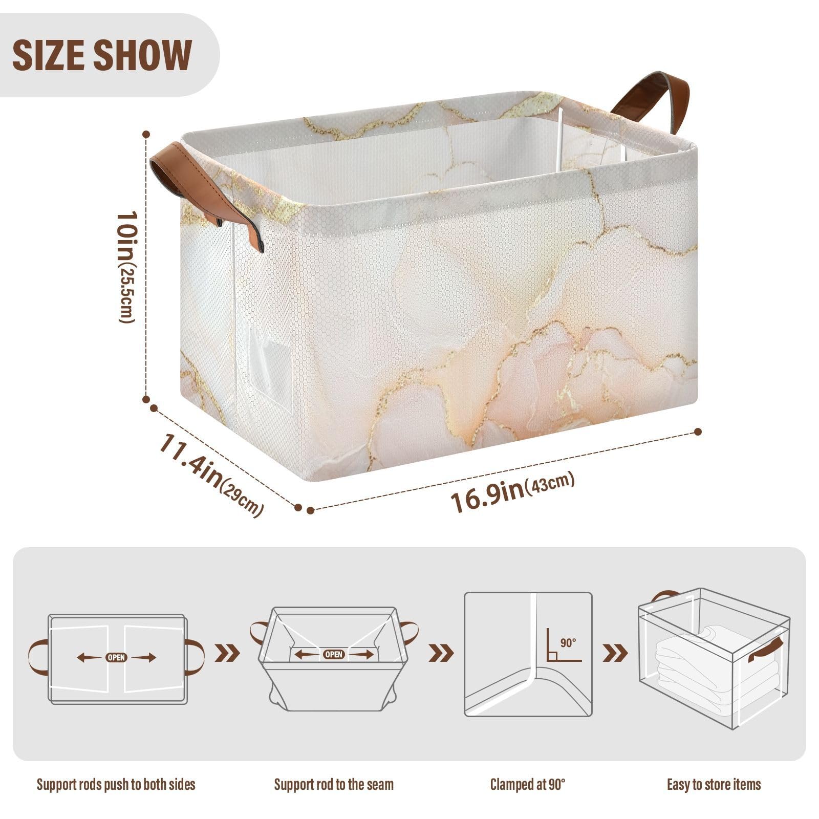 Marble White Blush Collapsible Fabric Storage Bins with Handles - 2 Pack Foldable Cube Baskets for Closet, Bedroom & Home Organization - Perfect for Clothes, Toys & Seasonal Storage