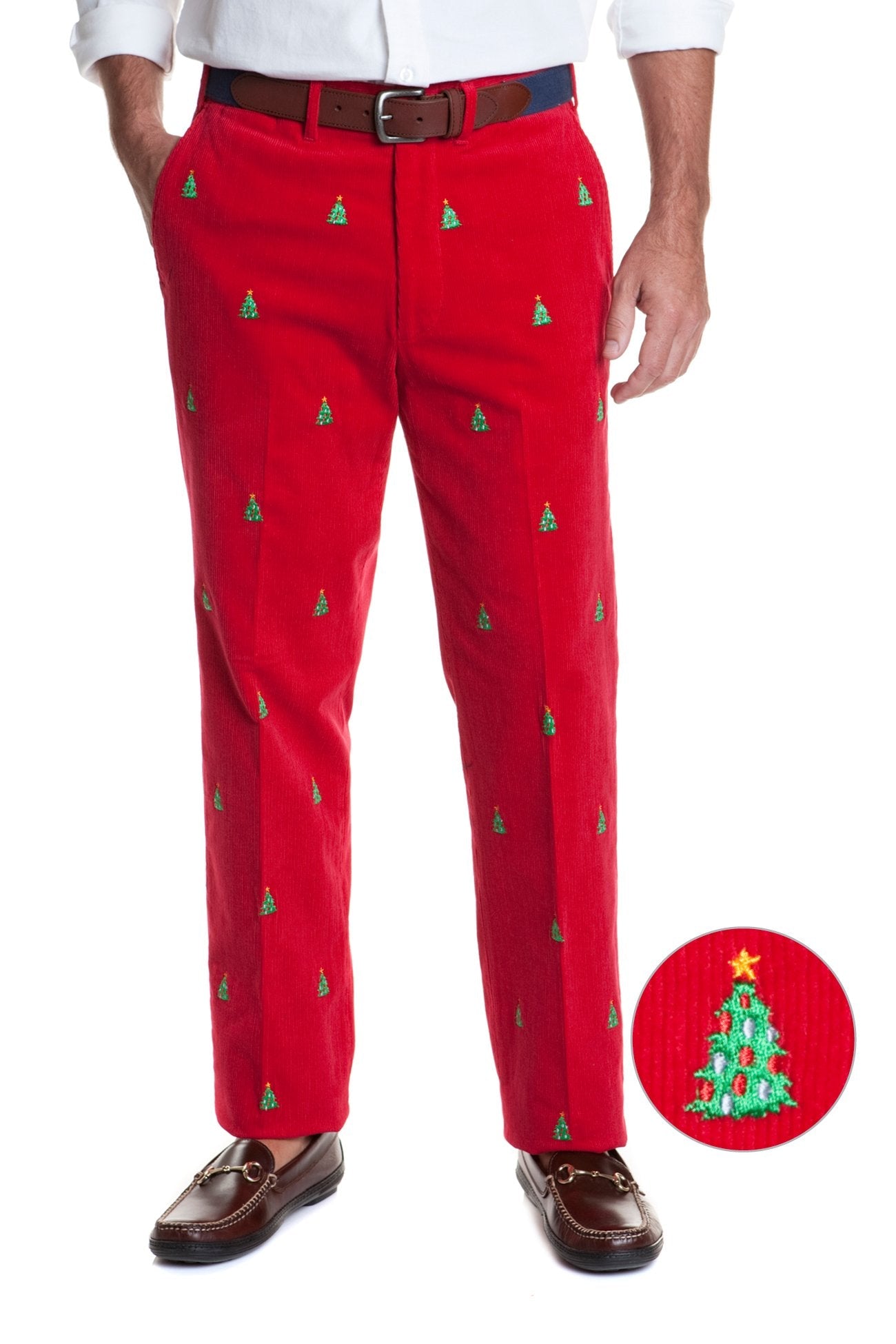Beachcomber Corduroy Pants for Women - Crimson Red Christmas Tree Print Casual Trousers | Holiday Party Outfit, Winter Fashion, Christmas Gift