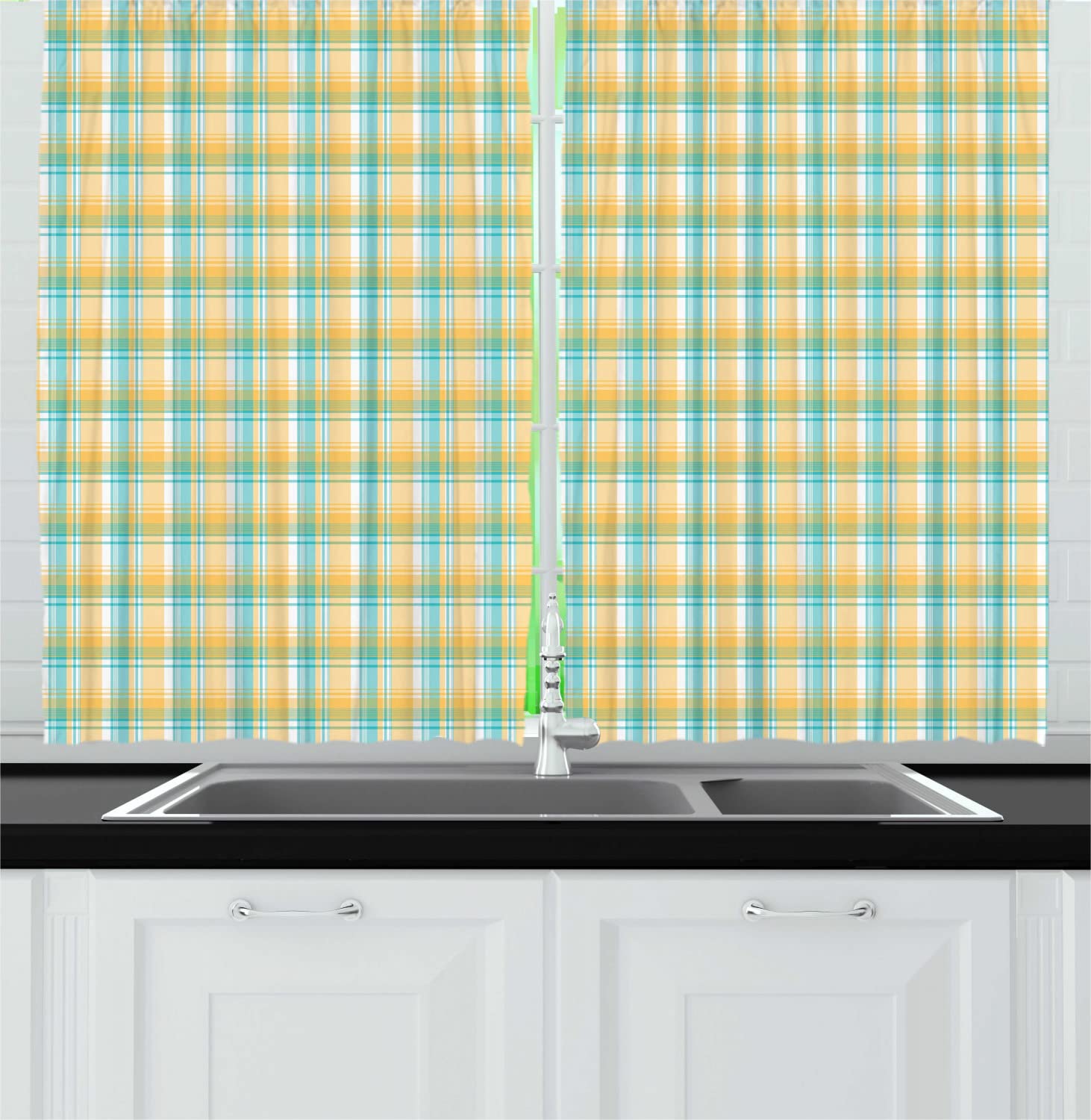 Ambesonne Tartan Long Kitchen Curtains - Abstract Geometric Checkered Design with Plain Backdrop, 55