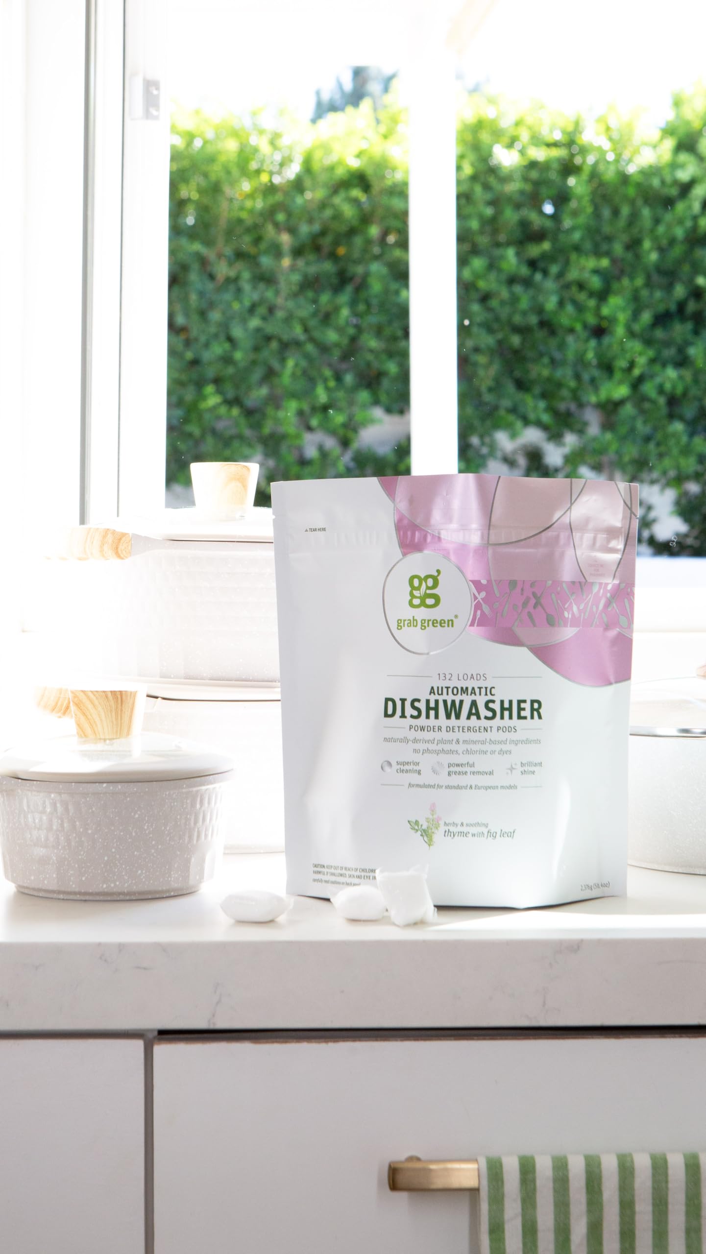 Grab Green Automatic Dishwashing Detergent Pods, 132 Count - Plant-Based & Mineral-Powered with Thyme Fig Leaf Scent | Superior Cleaning & Grease Removal for Sparkling Dishes | Ideal for Daily Dishwashing, Large Families & Eco-Conscious Homes