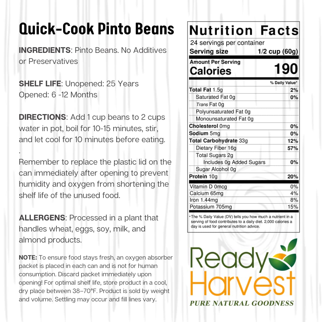 Ready Harvest Quick-Cook Pinto Beans - 3 lbs Dried & Canned Beans | Emergency Food Supply with 25-Year Shelf Life | Perfect for Camping, Prepping & Survival Kits