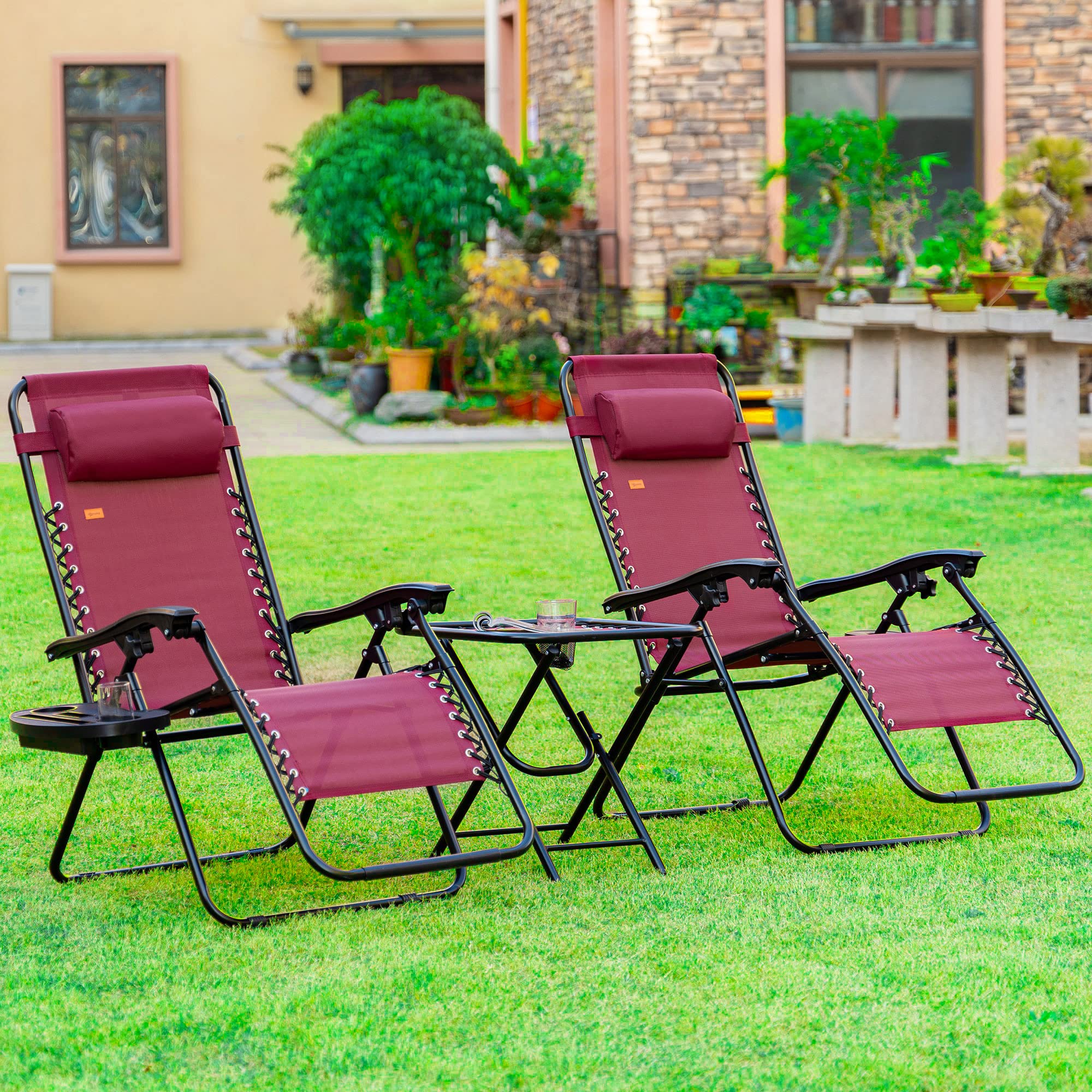 Outsunny Zero Gravity Lounge Chair Set with Side Table - Adjustable Folding Recliner with Cup Holders & Head Pillow - Patio, Backyard, Poolside, Beach Relaxation - Perfect for Sunbathing, Camping & Outdoor Lounging (Wine Red)