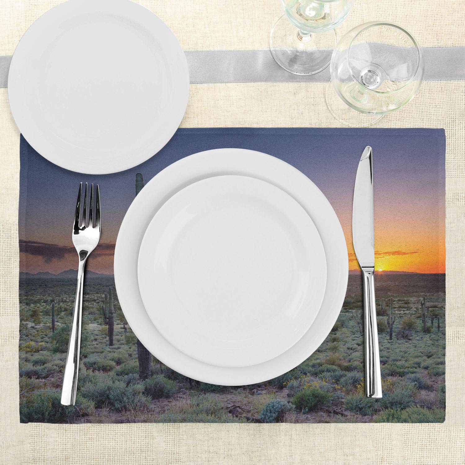 Lunarable Saguaro Cactus Place Mats Set of 4 - Arizona Sunset Phoenix Valley Mountain State Park Design - Washable Fabric Table Mats for Dining Room & Kitchen Decor in Night Blue, Sage Green & Orange - Perfect for Southwestern Style Home Decor, Dinner Parties & Holiday Gatherings