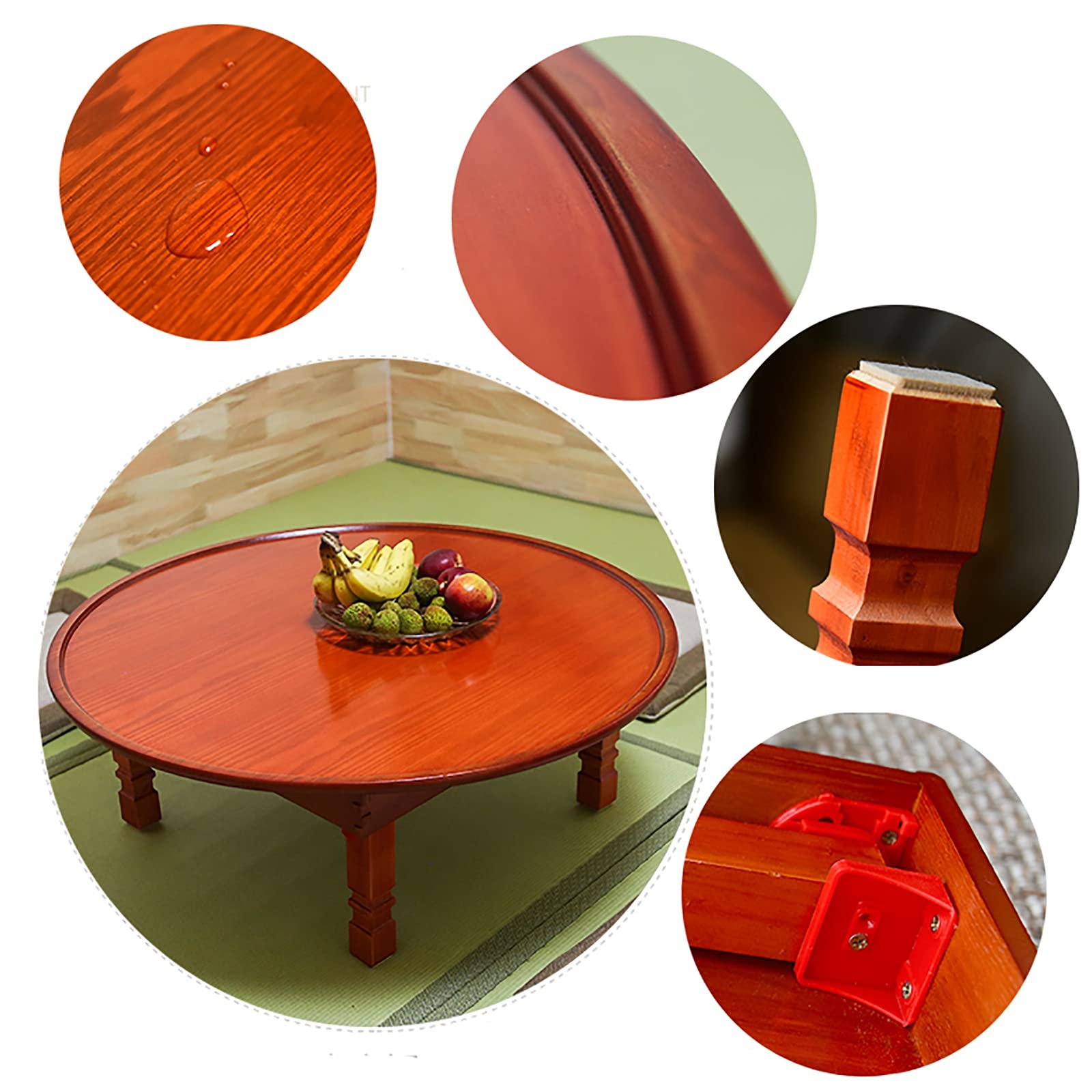 Foldable Round Wooden Table - Korean Style Printed Dining, Coffee, Study & Low Table for Tatami, Bay Window & Tea House (60cm) - Perfect for Small Spaces, Asian Decor & Zen Living Rooms